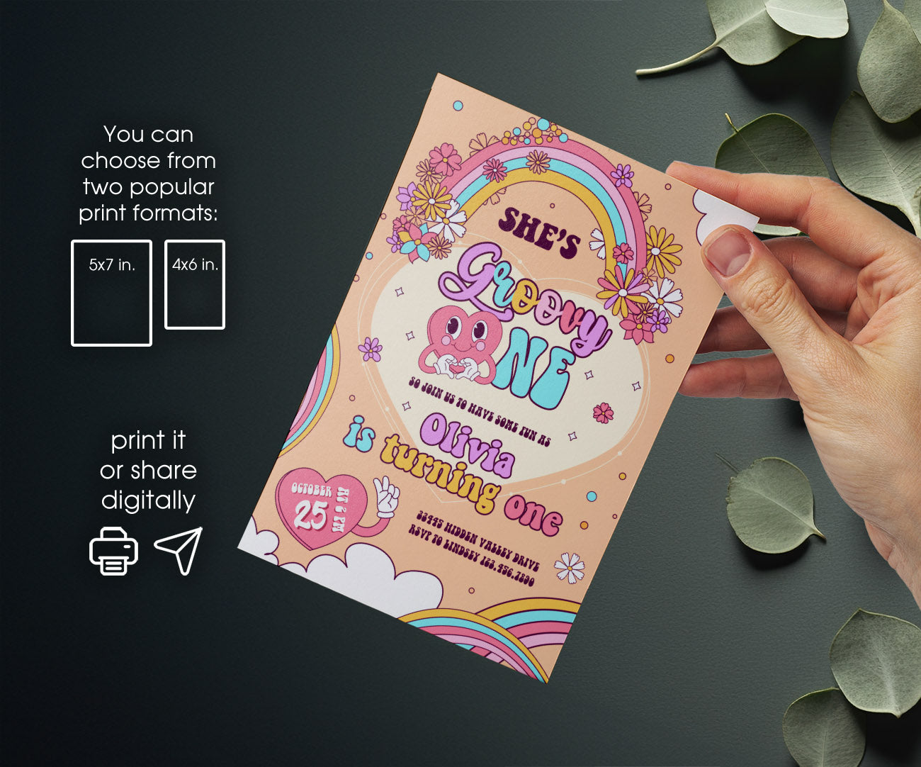 Groovy One First Birthday customizable invitation template | Share or Print | ZY196