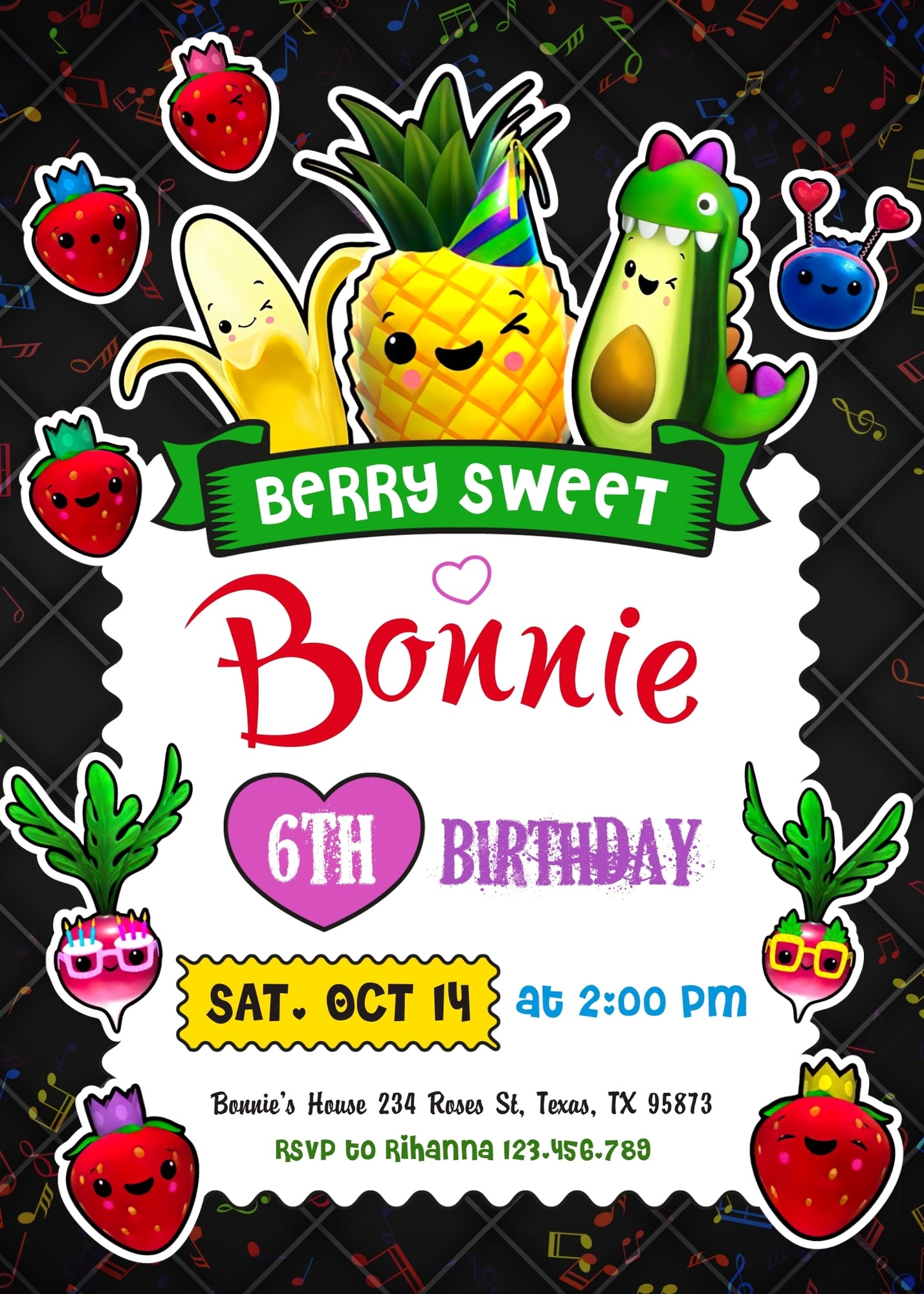 Hey Bear Sensory Dancing Fruits customizable invitation template | Share or Print | EL114