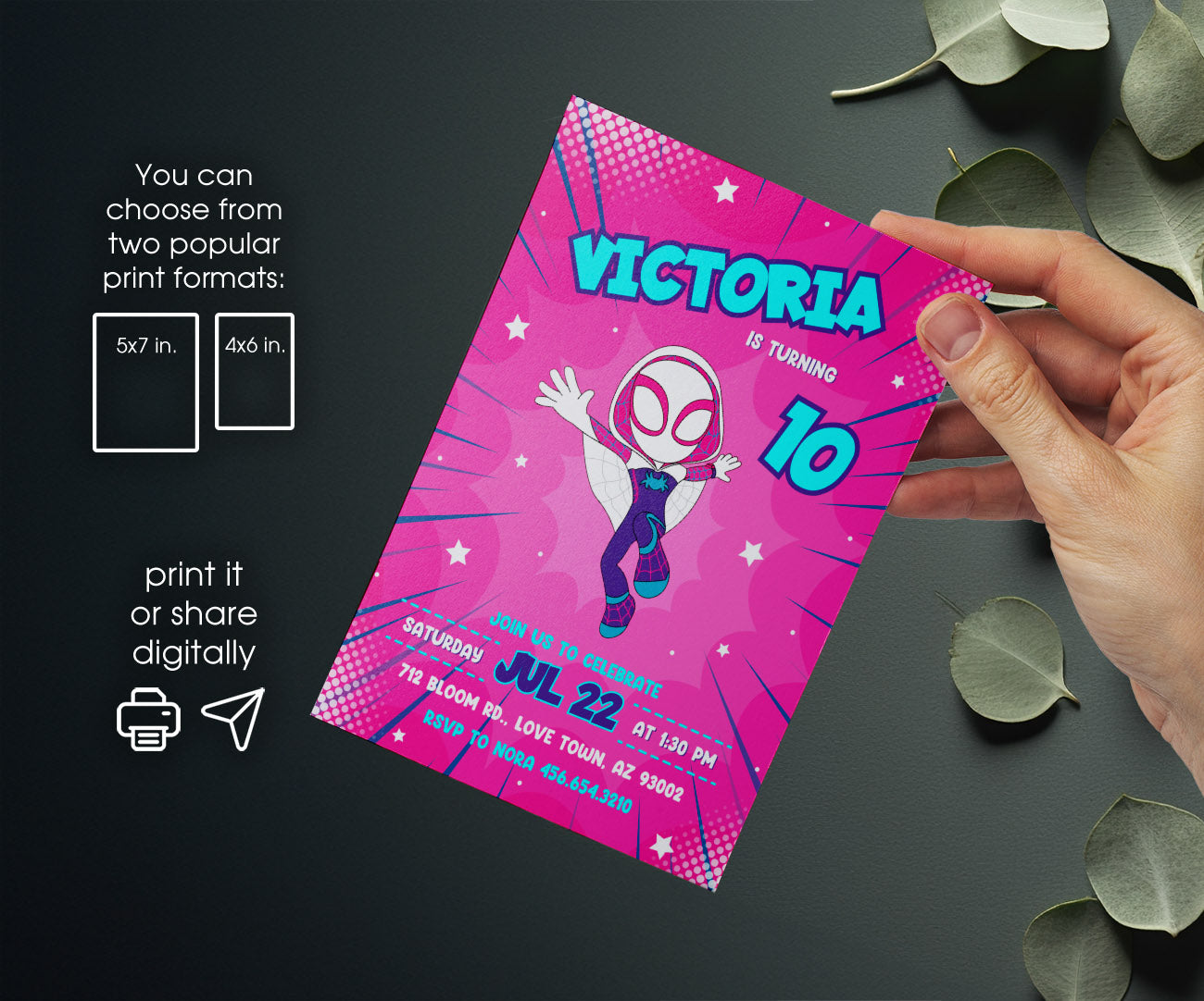 Spider Gwen Ghost Spidey customizable invitation template | Share or Print | girl | EX057