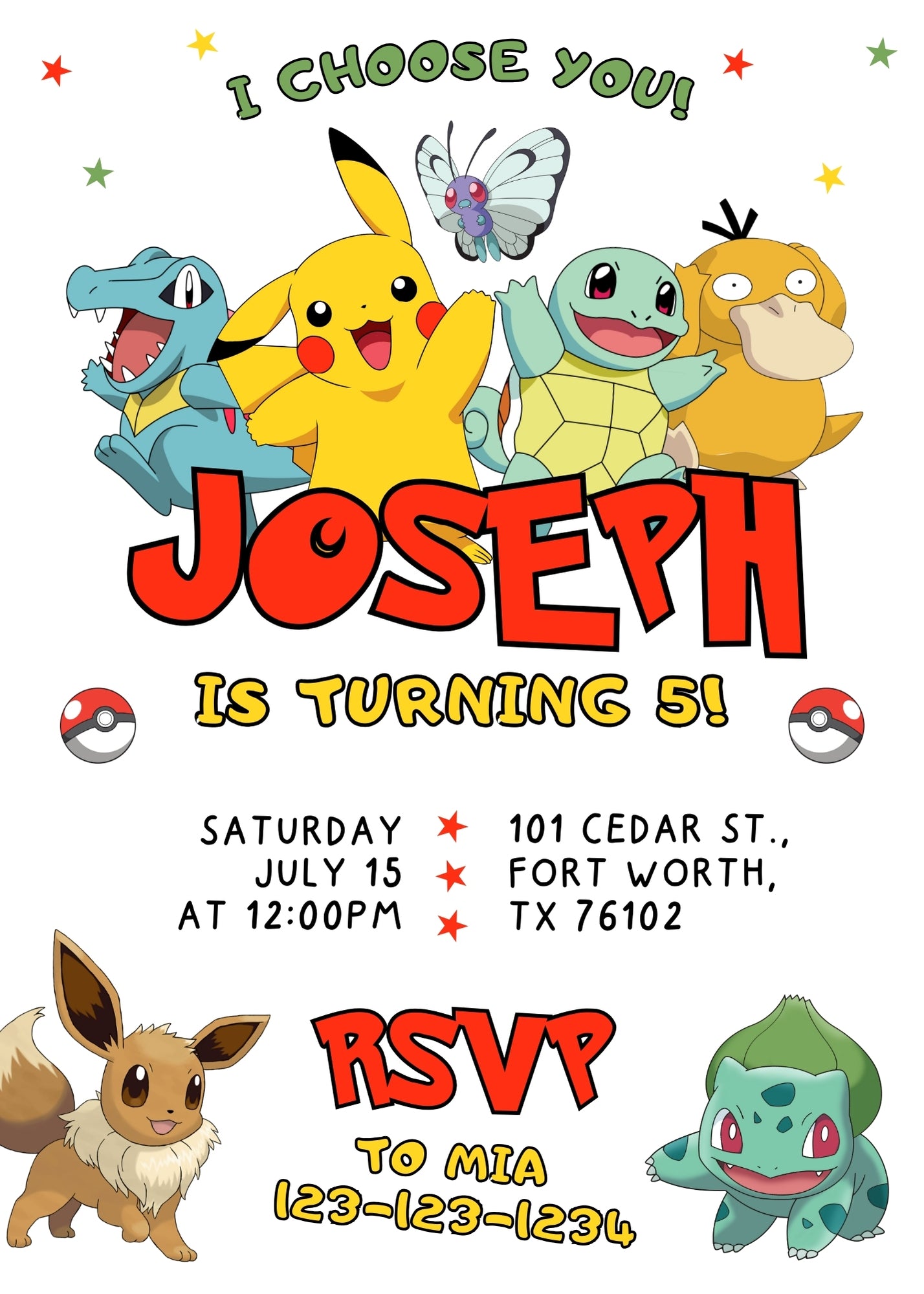 Pokemon Pikachu customizable invitation template | Share or Print | SB385