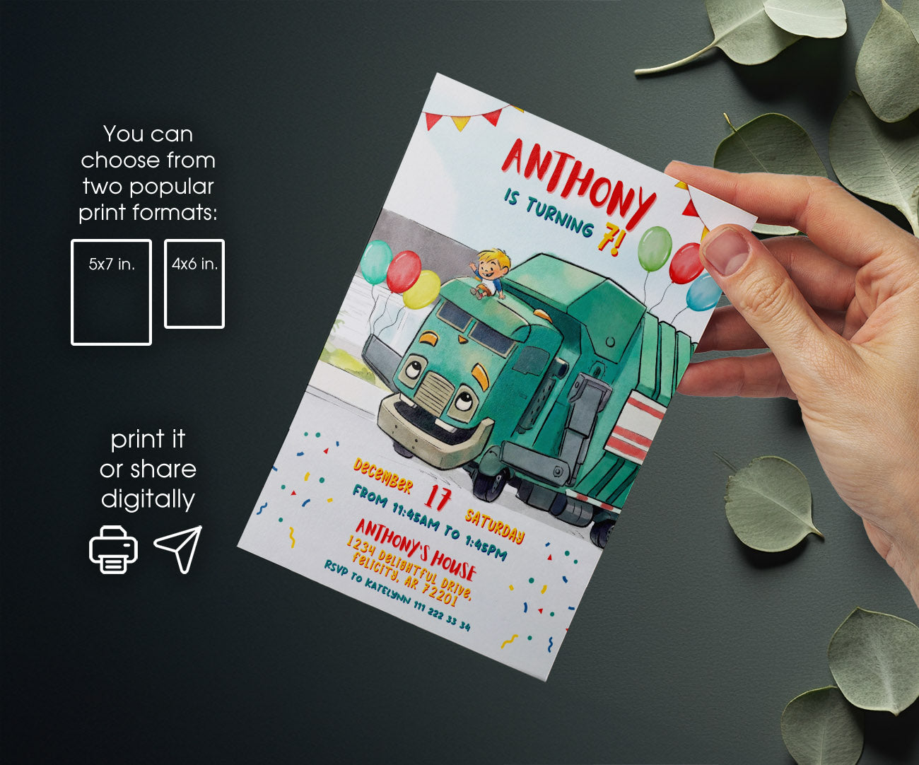 Trash Green Truck customizable invitation template | Share or Print | YL828