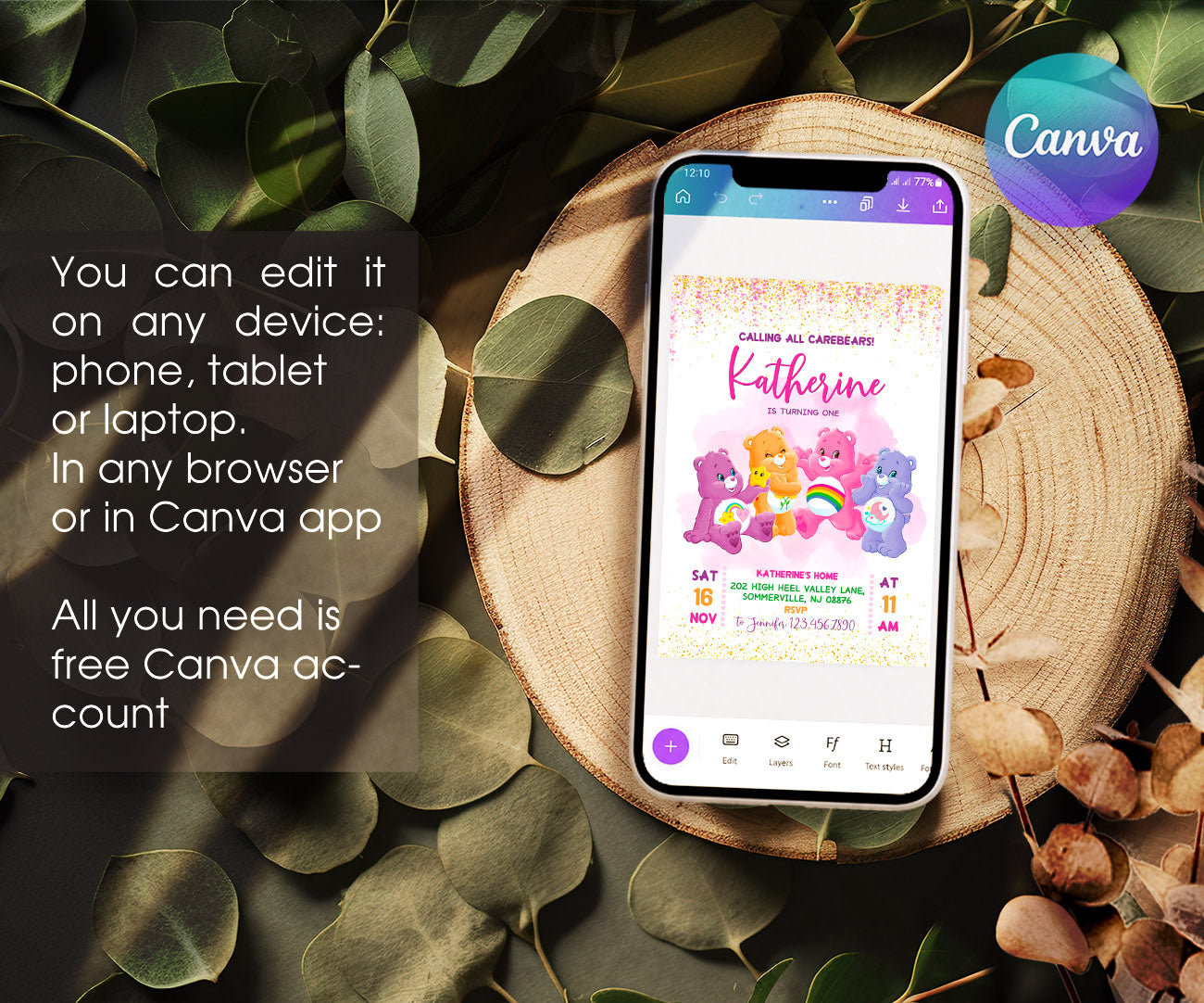 Care Bears customizable invitation template | Share or Print | JG412