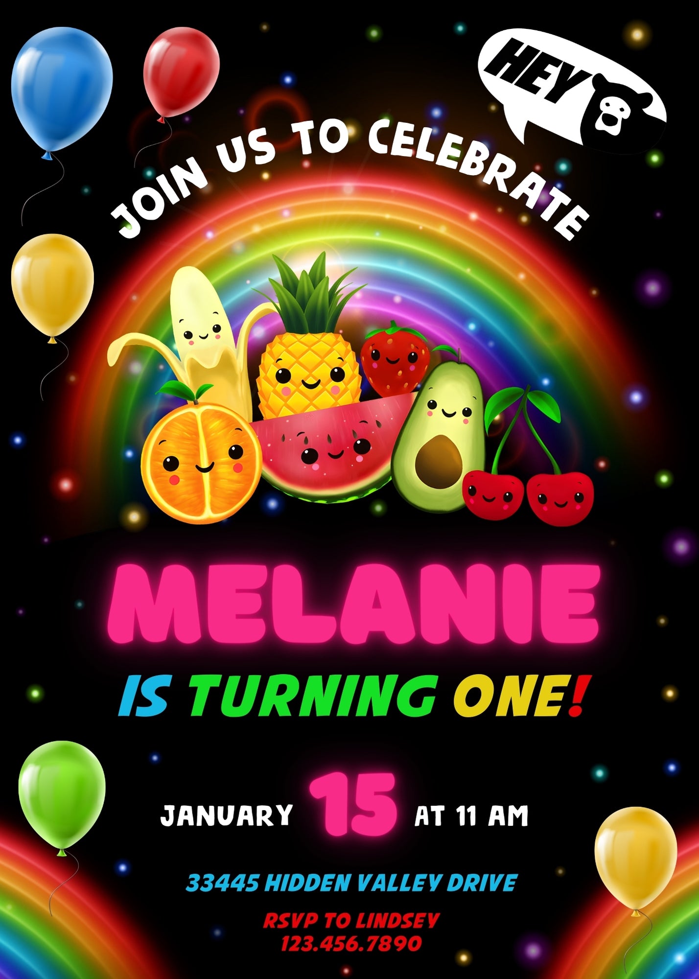 Hey Bear Sensory Dancing Fruits customizable invitation template | Share or Print | GX134