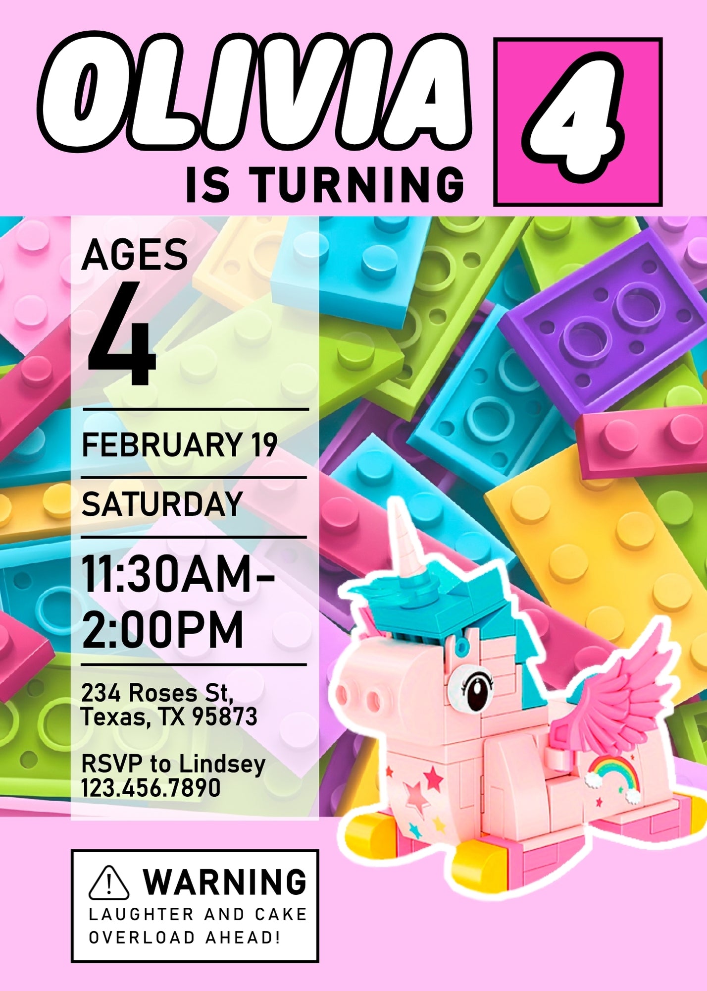 Lego Magical Unicorn customizable invitation template | Share or Print | girl | CT556