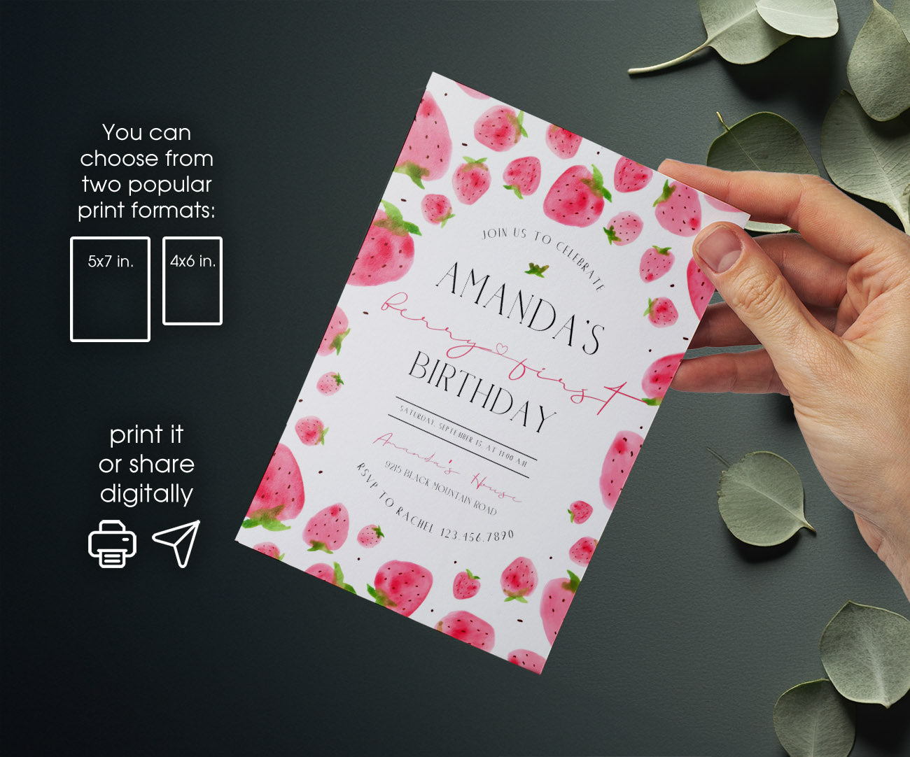 Berry First Birthday customizable invitation template | Share or Print | girl | EU902