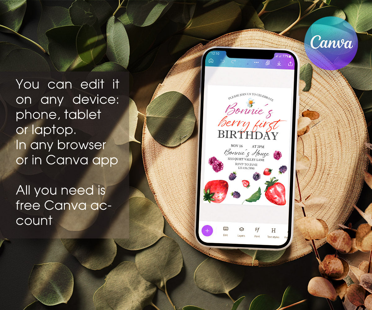 Berry First Birthday customizable invitation template | Share or Print | girl | SN041