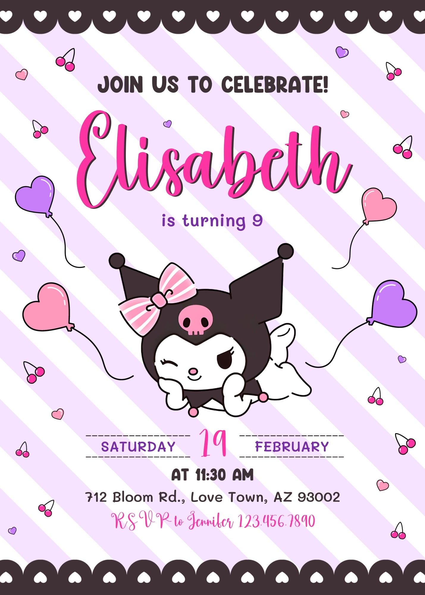 Kuromi Hello Kitty Sanrio customizable invitation template | Share or Print | QB011