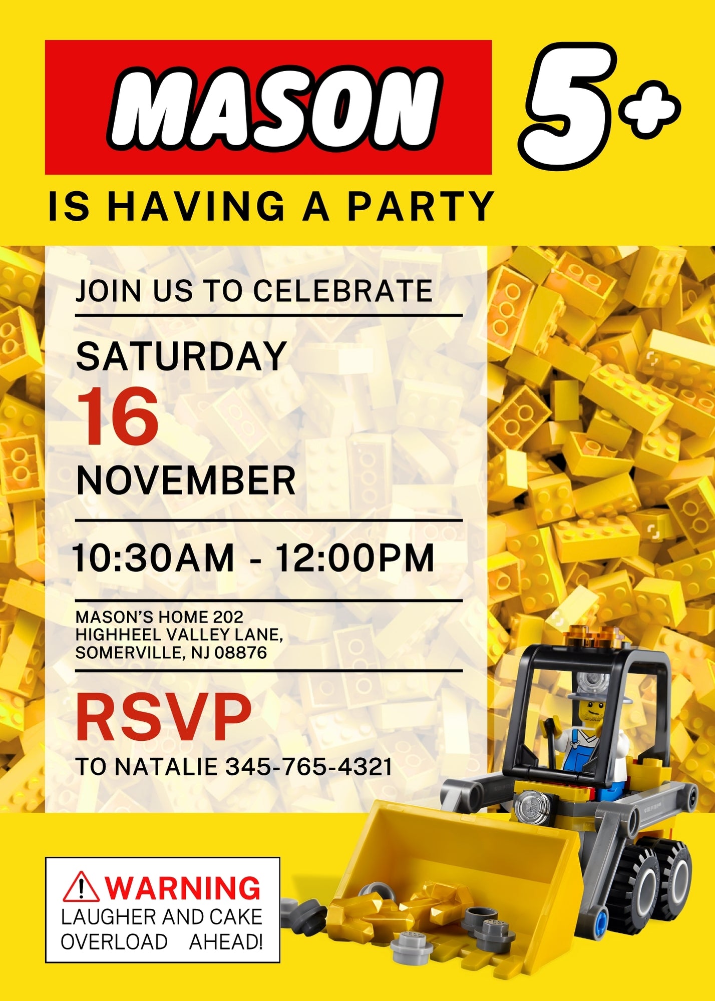 Lego Excavator customizable invitation template | Share or Print | boy | AK046