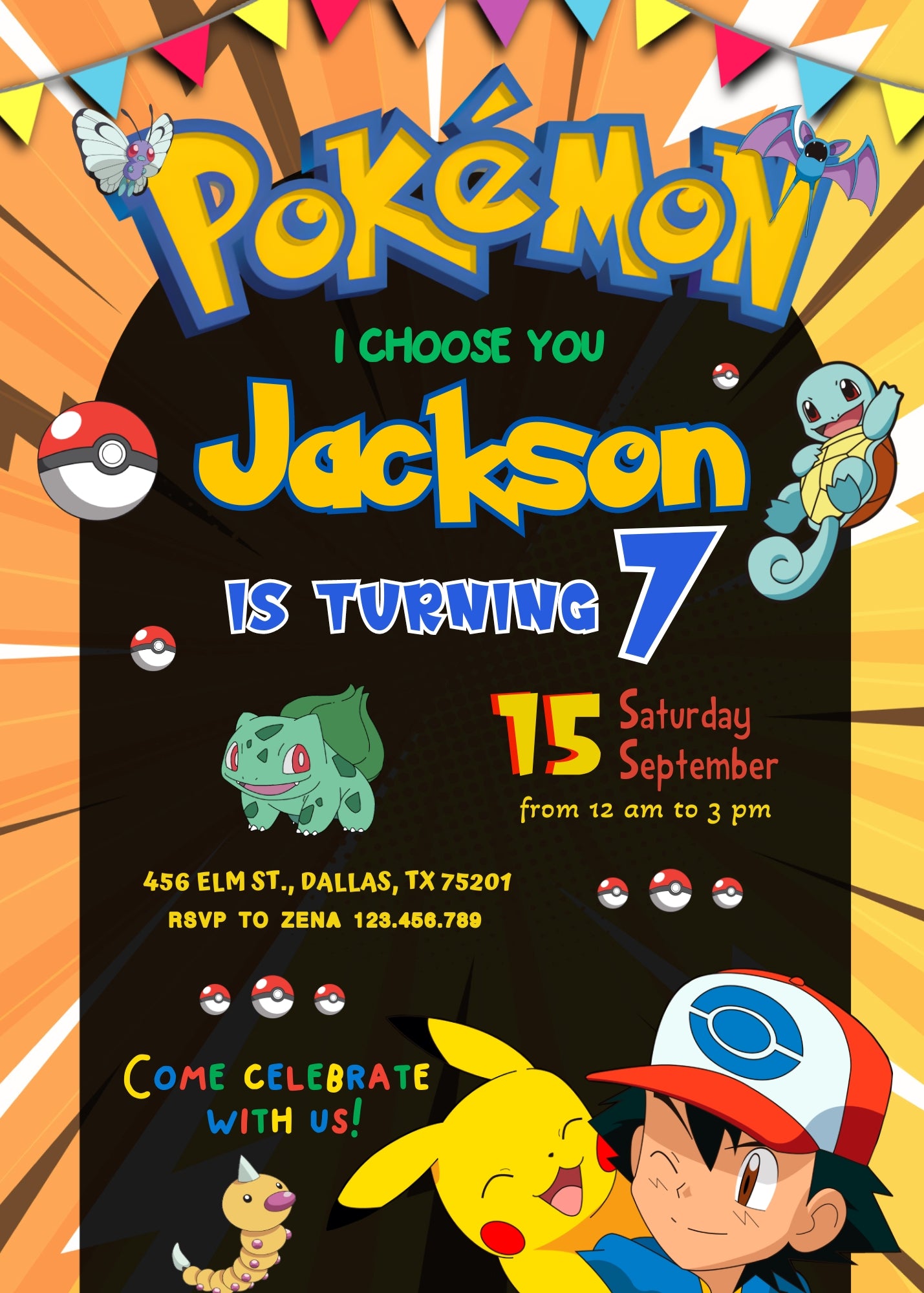 Pokemon Pikachu customizable invitation template | Share or Print | RB888