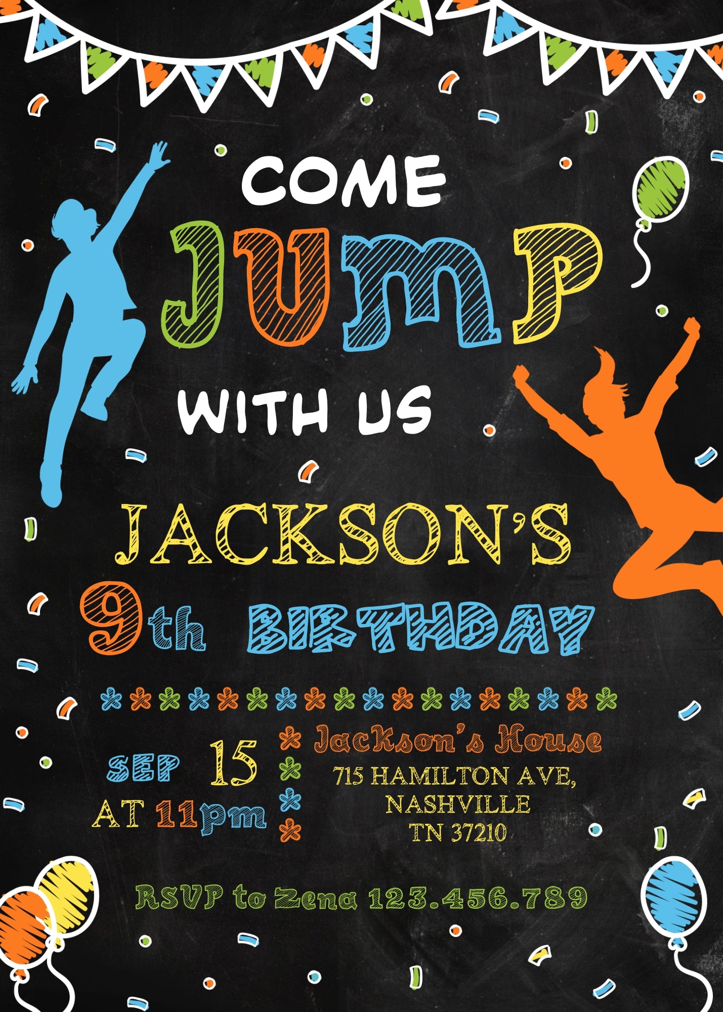 Trampoline Jump Party customizable invitation template | Share or Print | RU314