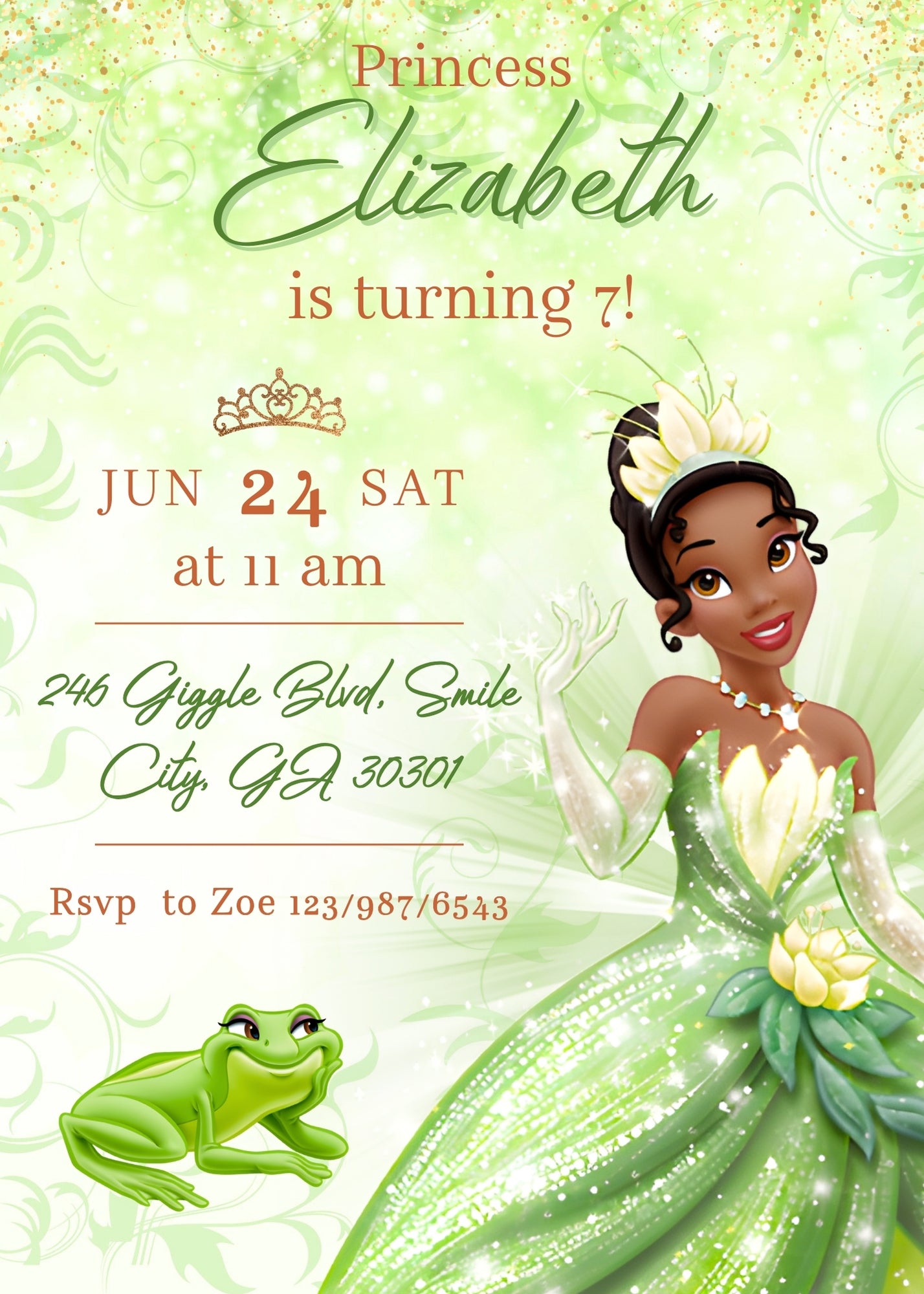 Tiana Frog Princess customizable invitation template | Share or Print | girl | TM536