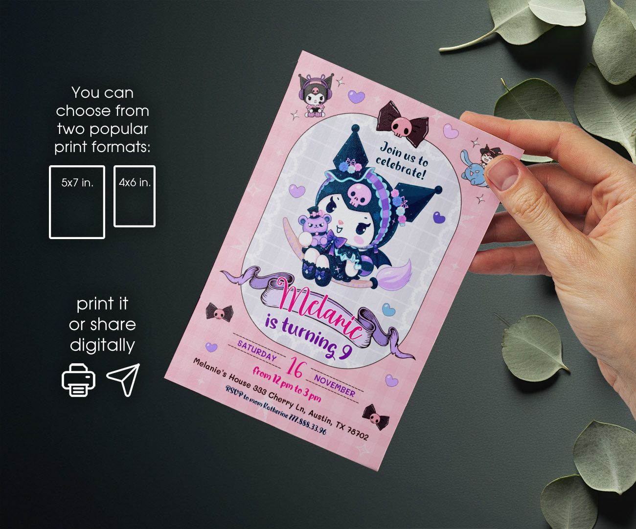 Kuromi Hello Kitty Sanrio customizable invitation template | Share or Print | CM834