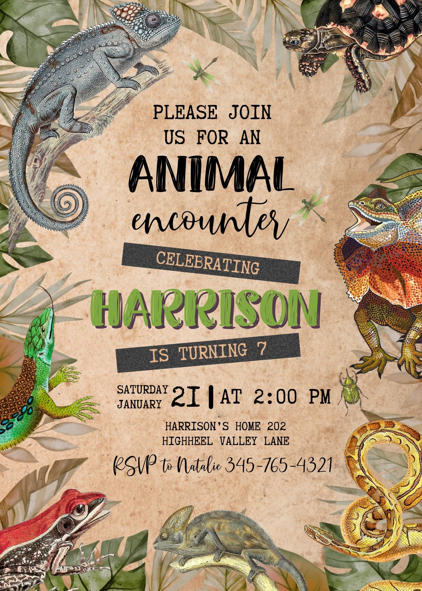 Reptile Lizard Snake customizable invitation template | Share or Print | VA006