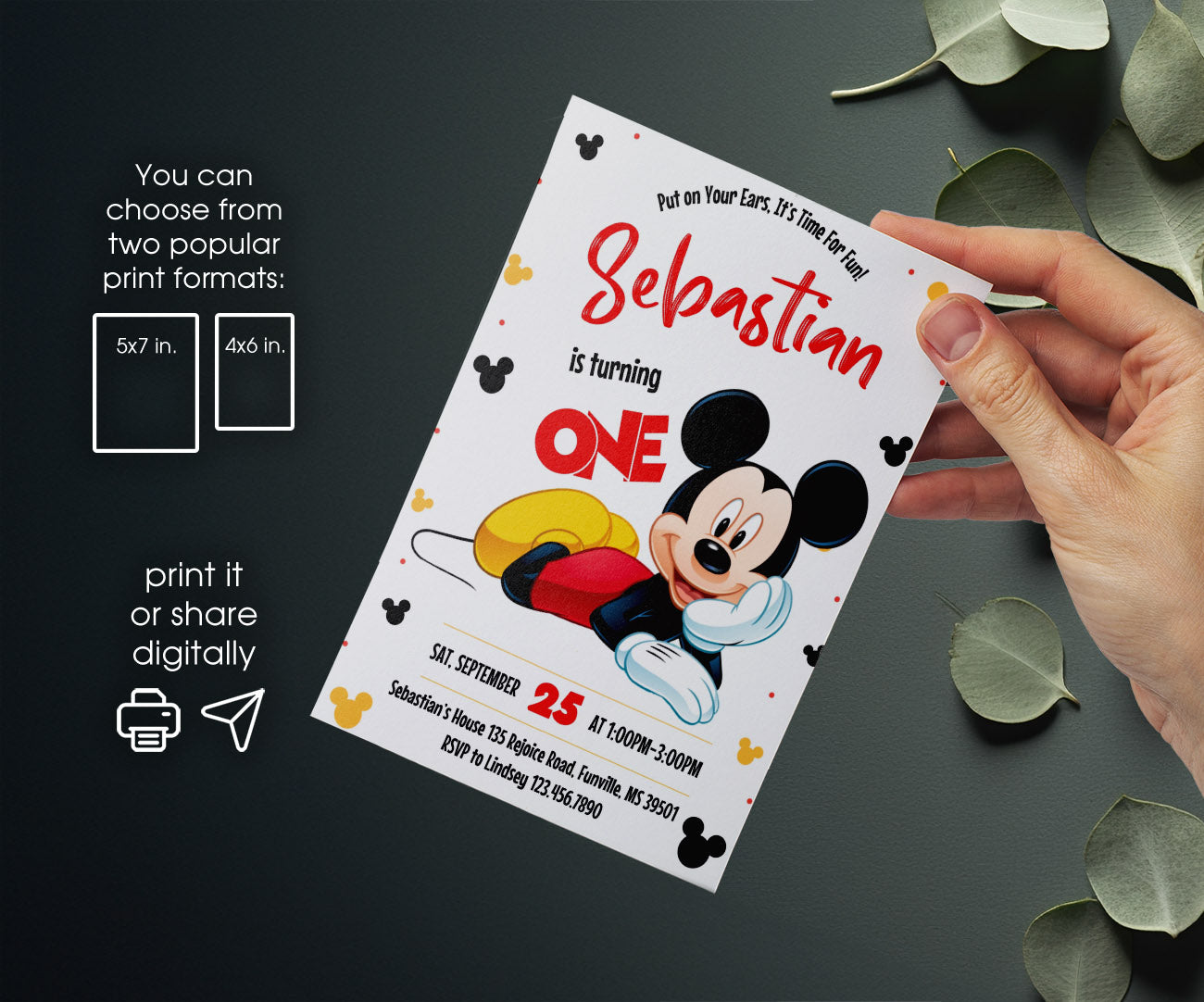 Mickey Mouse 1st Birthday customizable invitation template | Share or Print | CF088