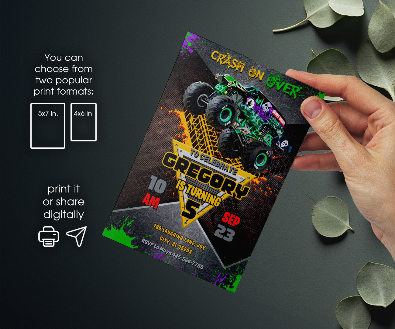 Garve Digger Monster Jam Truck customizable invitation template | Share or Print | boy | IE765