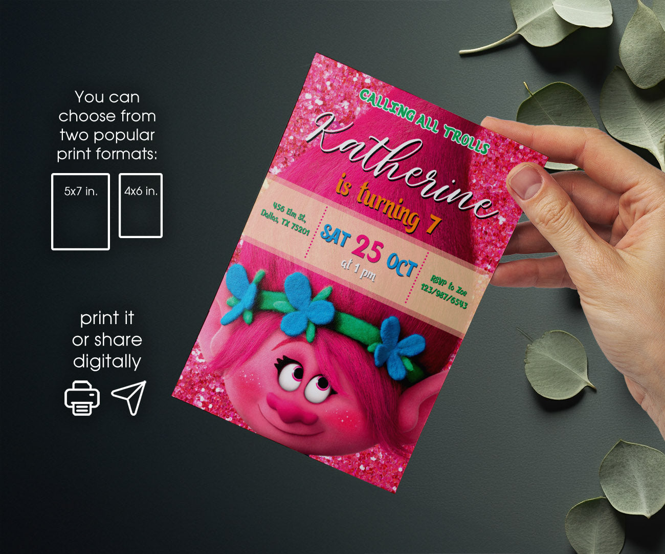 Trolls Poppy customizable invitation template | Share or Print | IH814