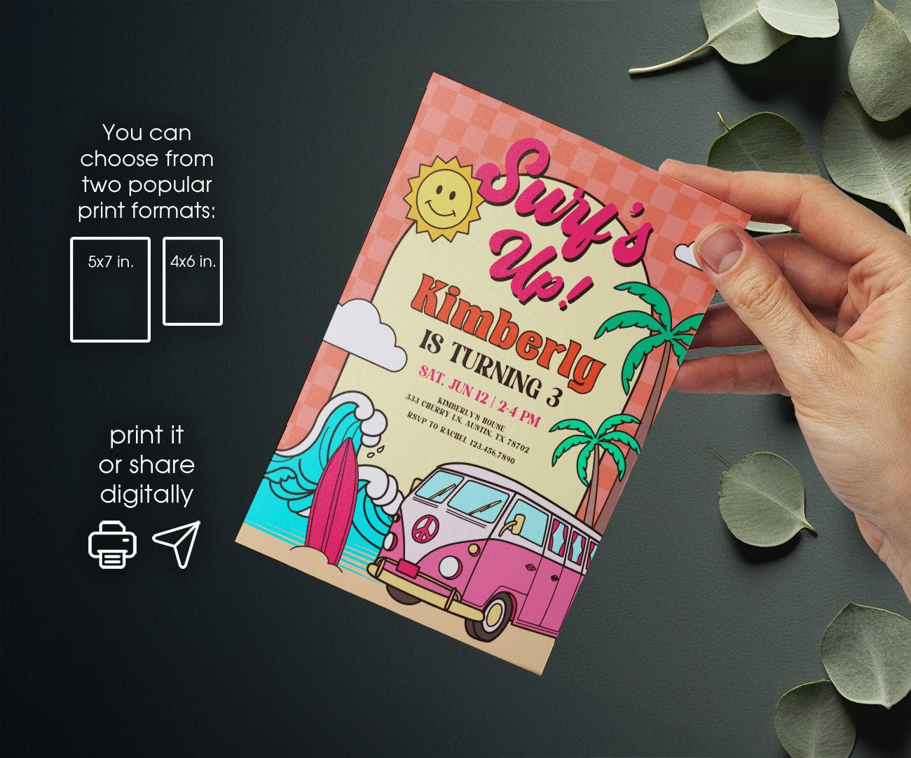 Groovy Surfvan Surfing customizable invitation template | Share or Print | DD887