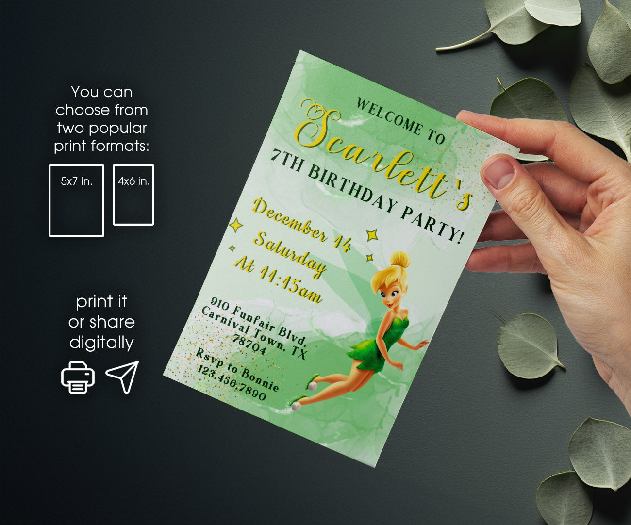 Tinker Bell Fairy Princess customizable invitation template | Share or Print | girl | JM101