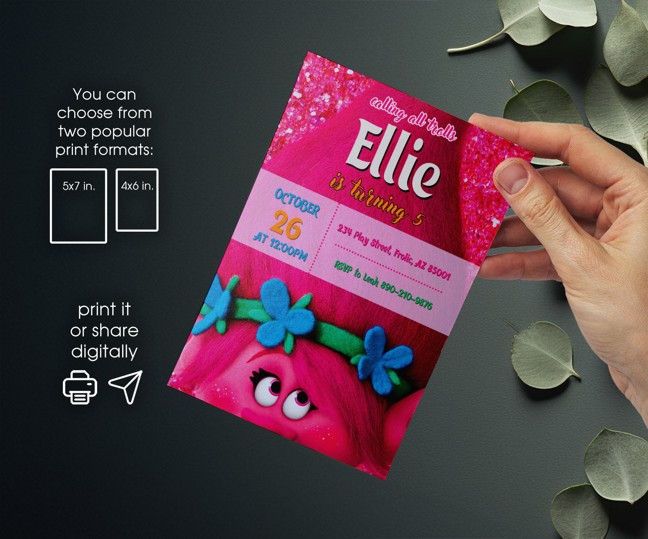 Trolls Poppy customizable invitation template | Share or Print | QR304