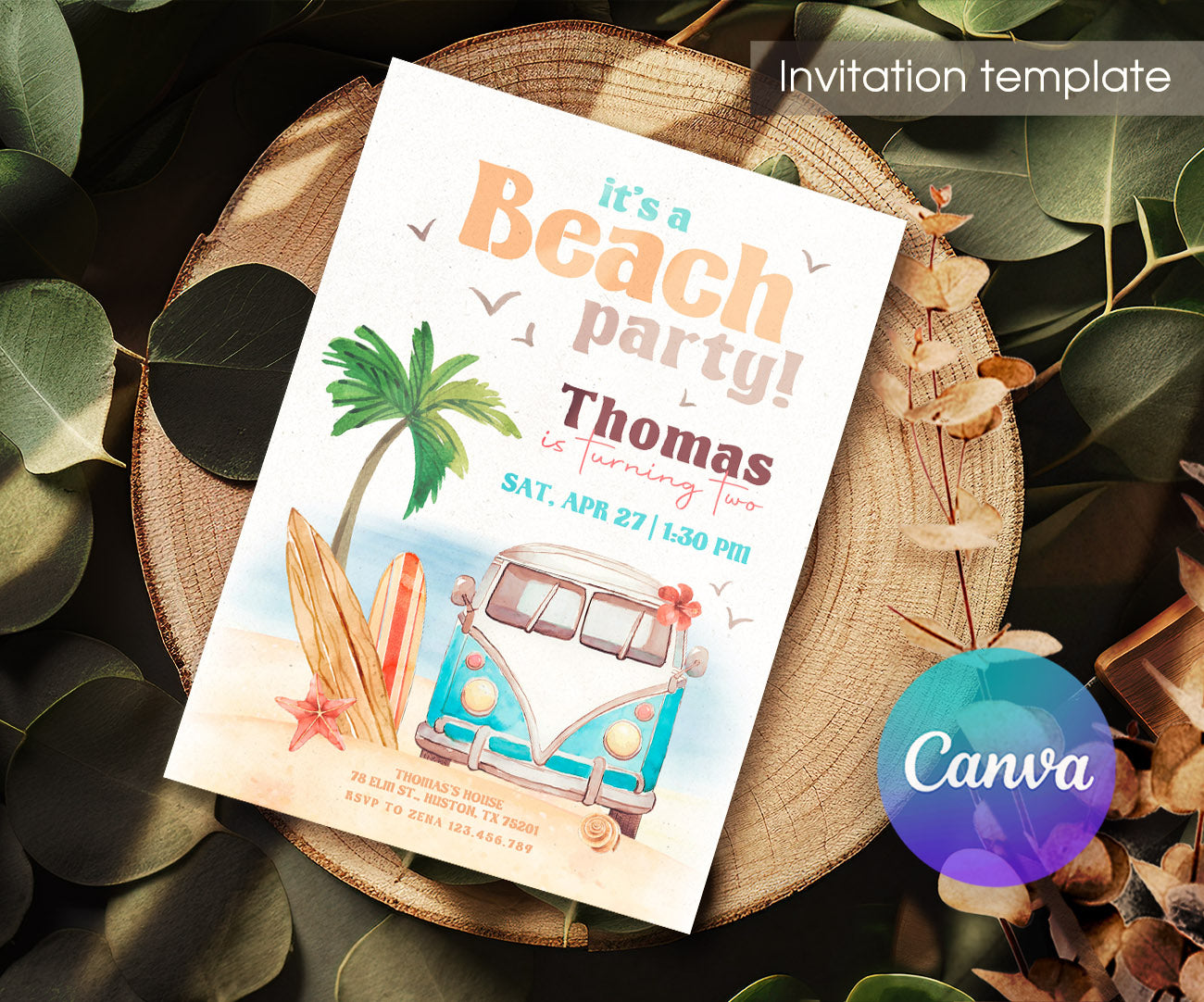 Groovy Surfvan Surfing customizable invitation template | Share or Print | OM024