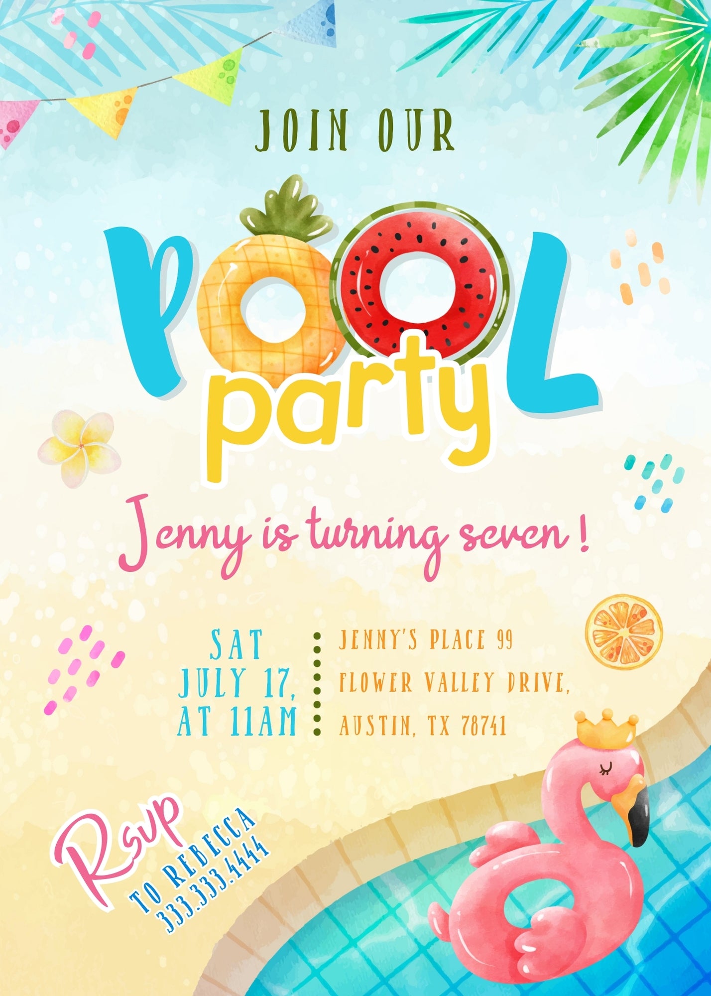 Pool Party customizable invitation template | Share or Print | girl | CB921