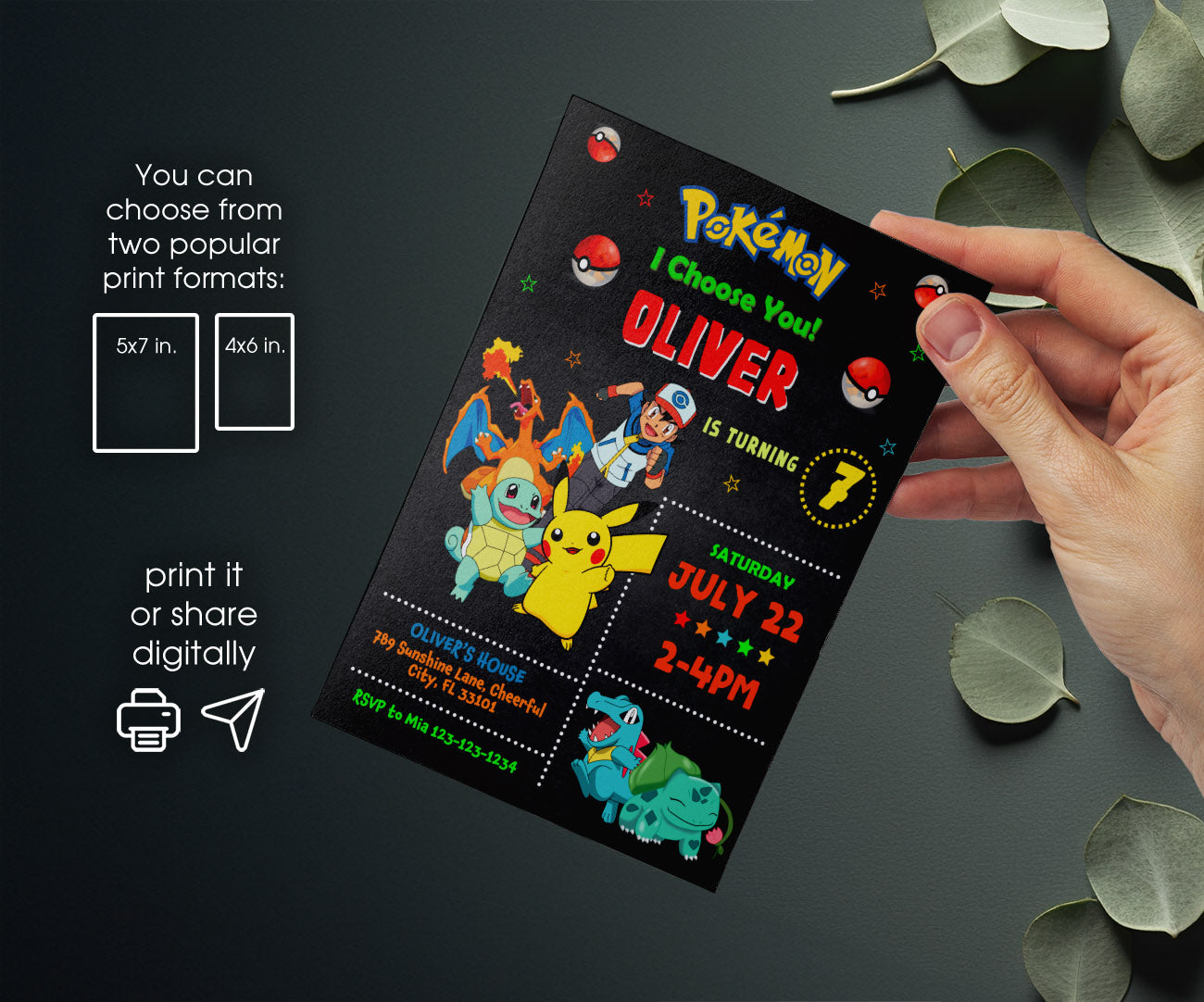 Pokemon Pikachu customizable invitation template | Share or Print | JO592