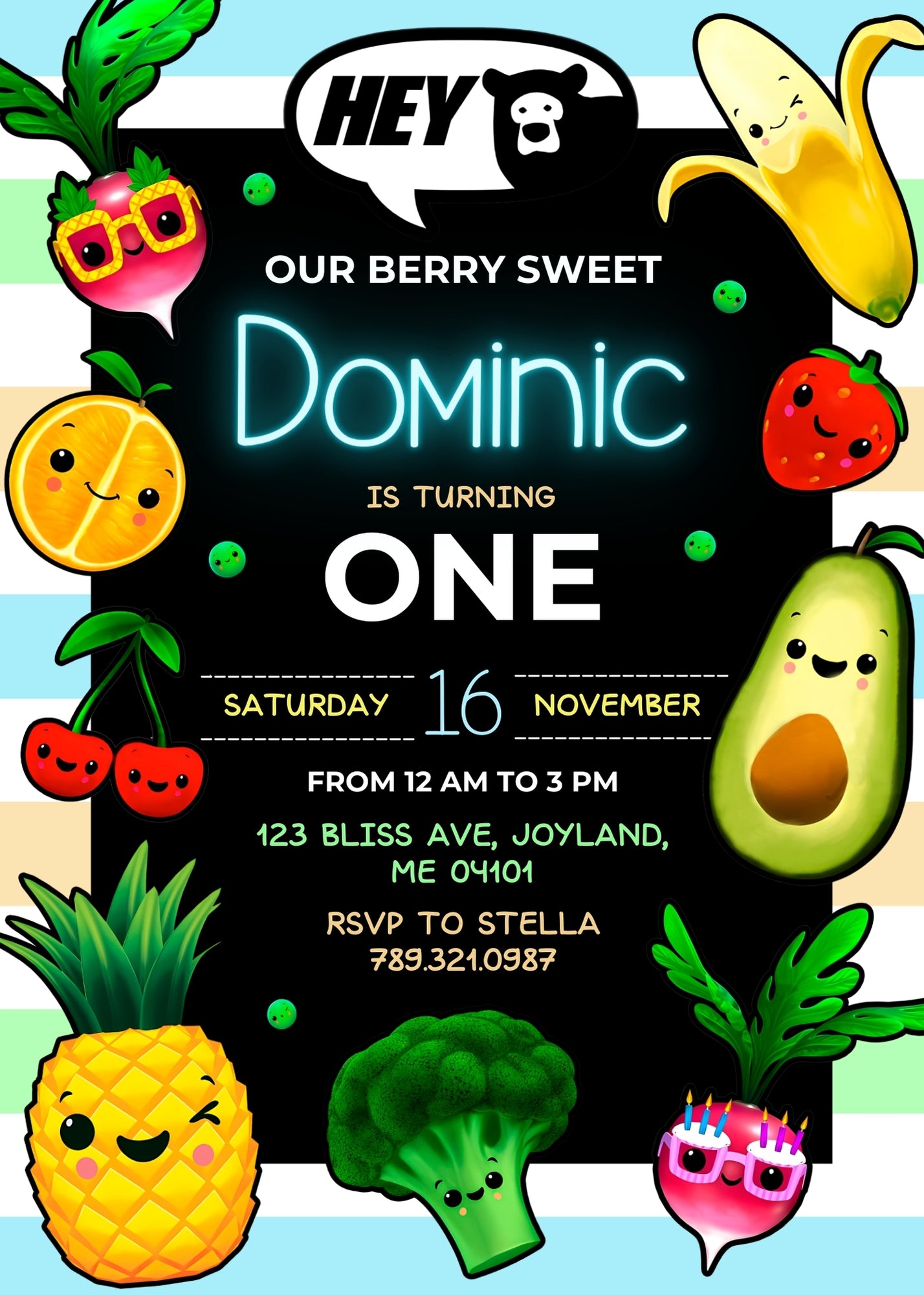Hey Bear Sensory Dancing Fruits customizable invitation template | Share or Print | JL374