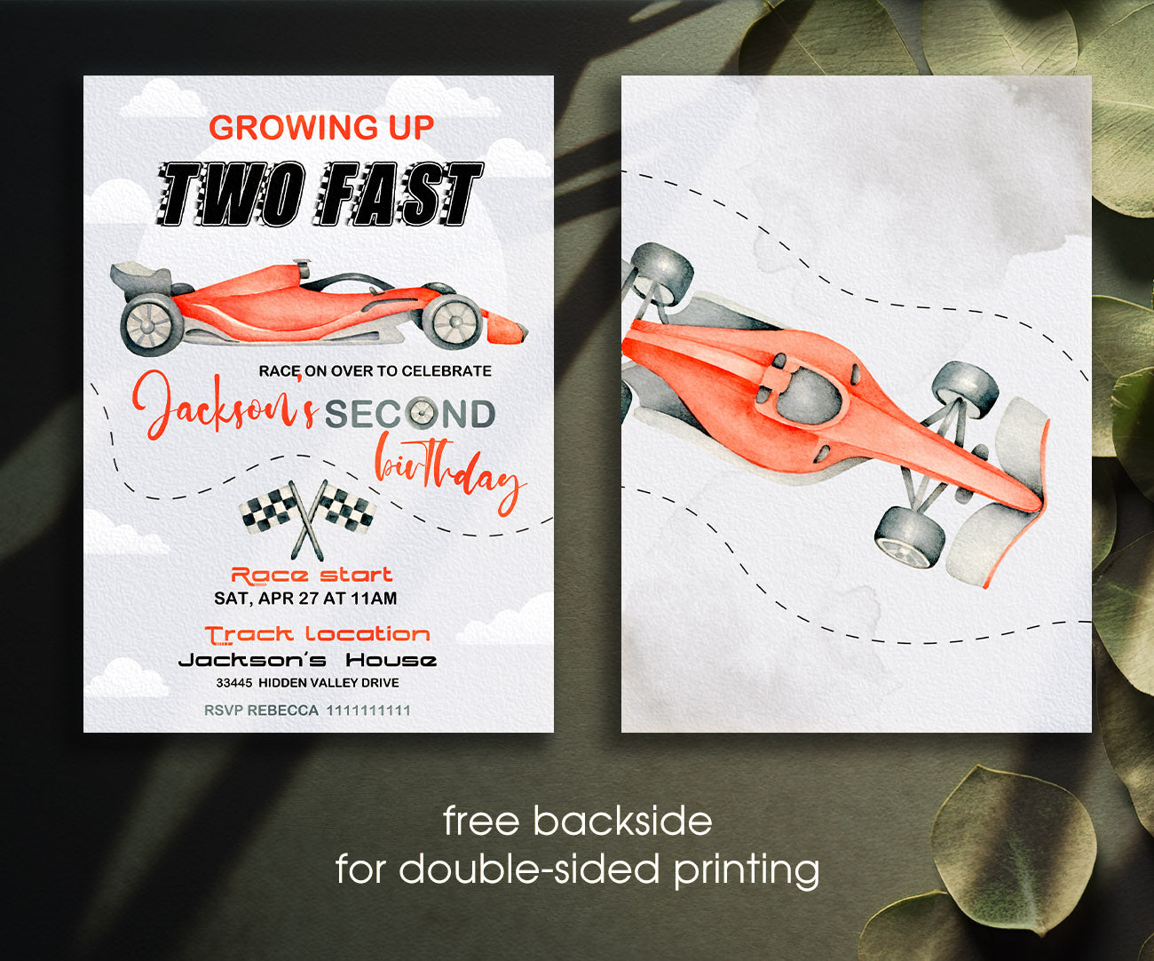 Race Car 2nd Bday Watercolor customizable invitation template | Share or Print | boy | SY090