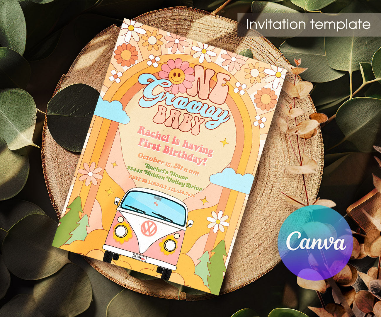 Groovy 1st Bday Hippie Van customizable invitation template | Share or Print | XM369