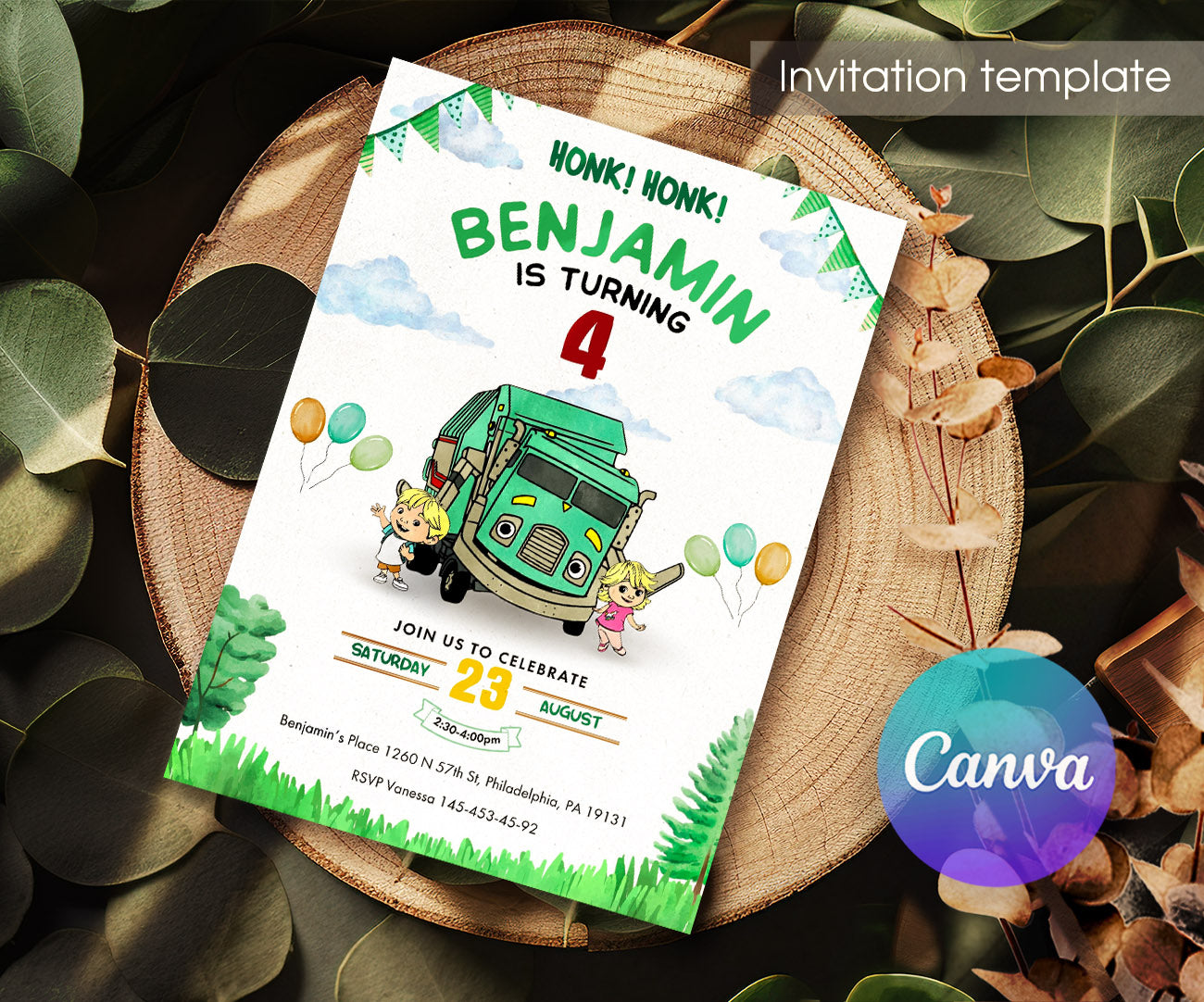 Trash Green Truck customizable invitation template | Share or Print | ZG107