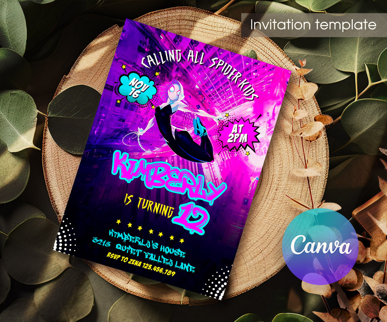 Spider Gwen Ghost Spidey customizable invitation template | Share or Print | girl | XG228