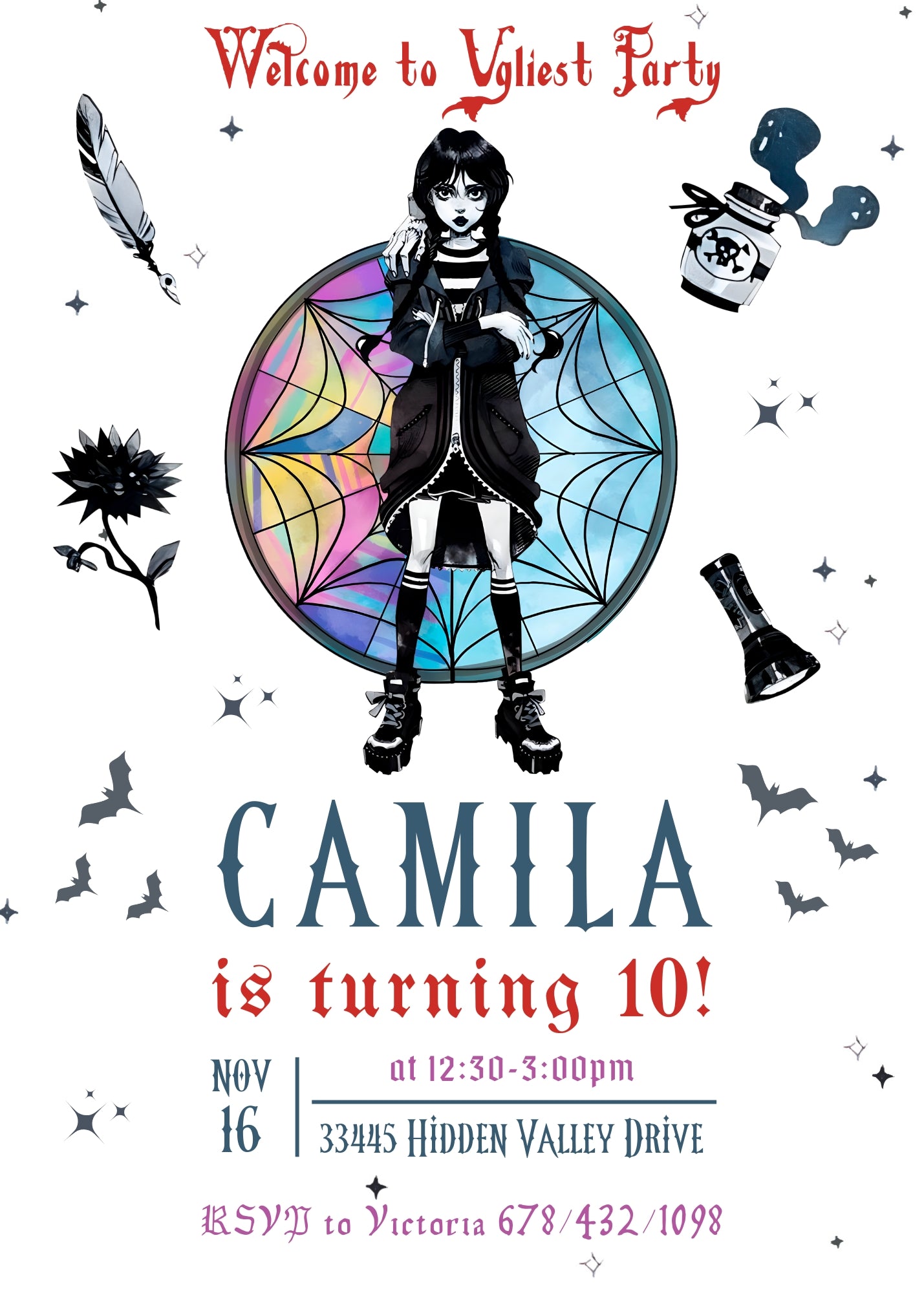 Wednesday Addams customizable invitation template | Share or Print | girl | FI125