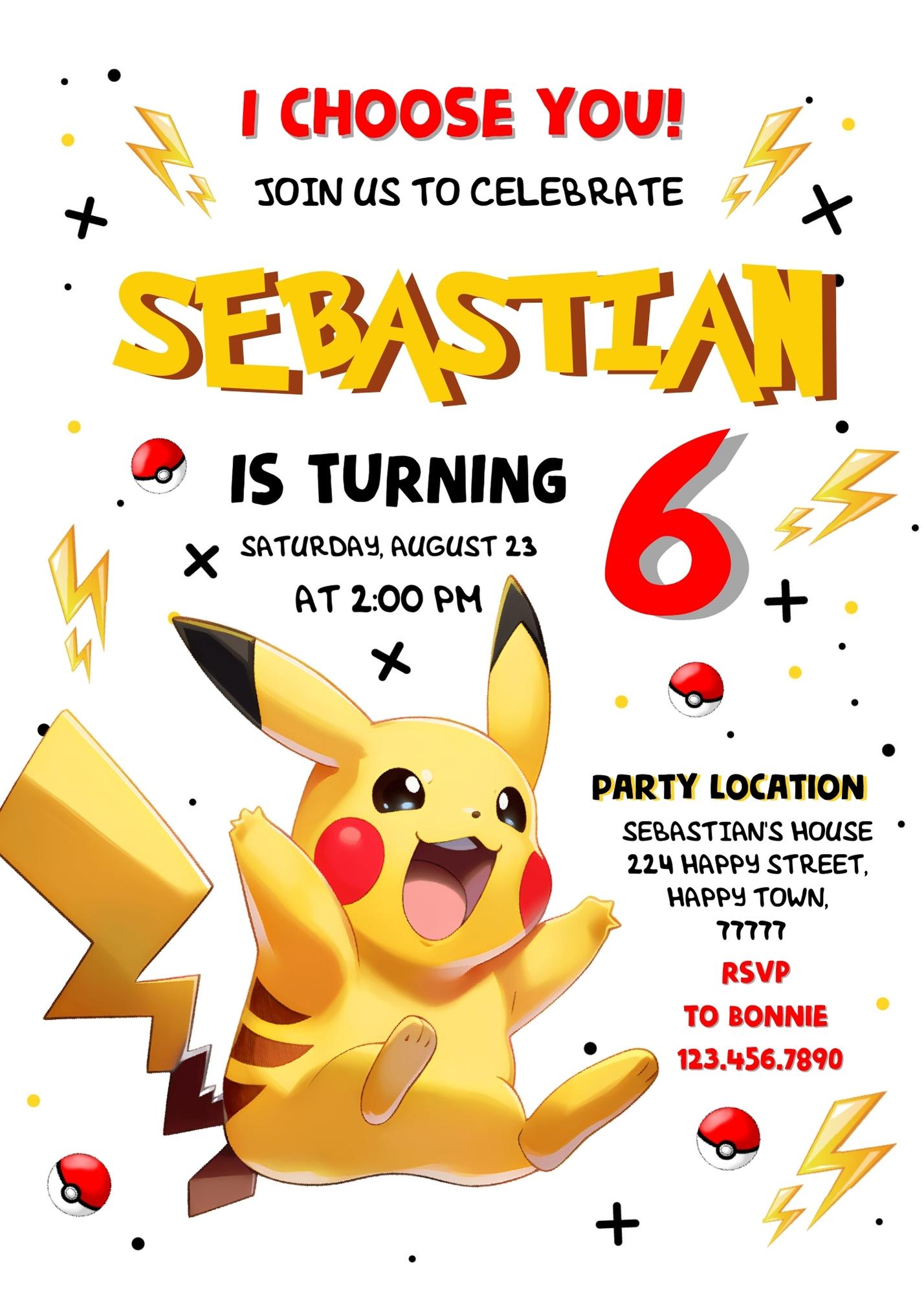 Pokemon Pikachu customizable invitation template | Share or Print | MW721