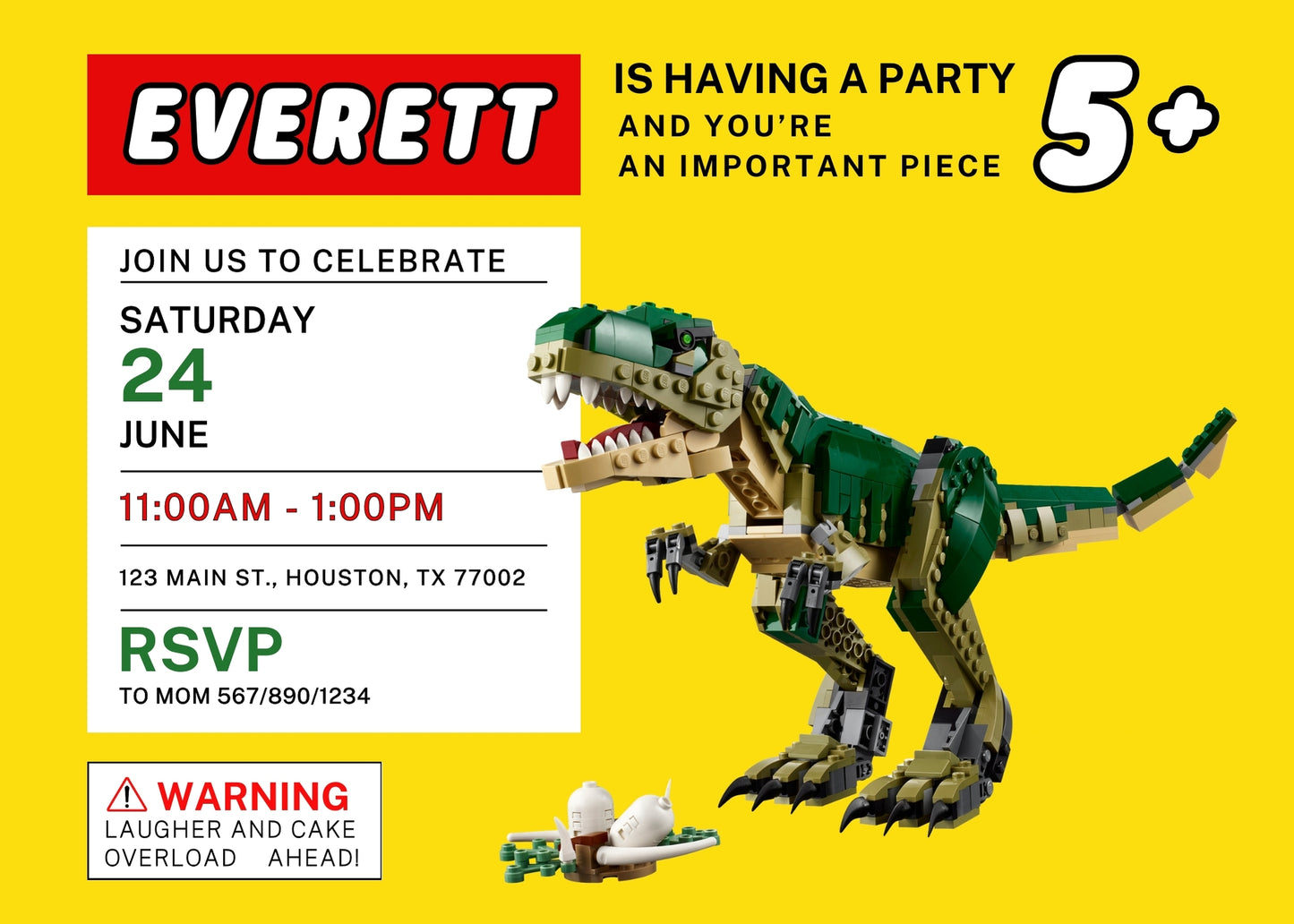 Lego Dinosaur T-Rex customizable invitation template | Share or Print | DP481