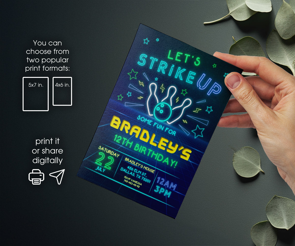 Bowling Strike Up customizable invitation template | Share or Print | QI359