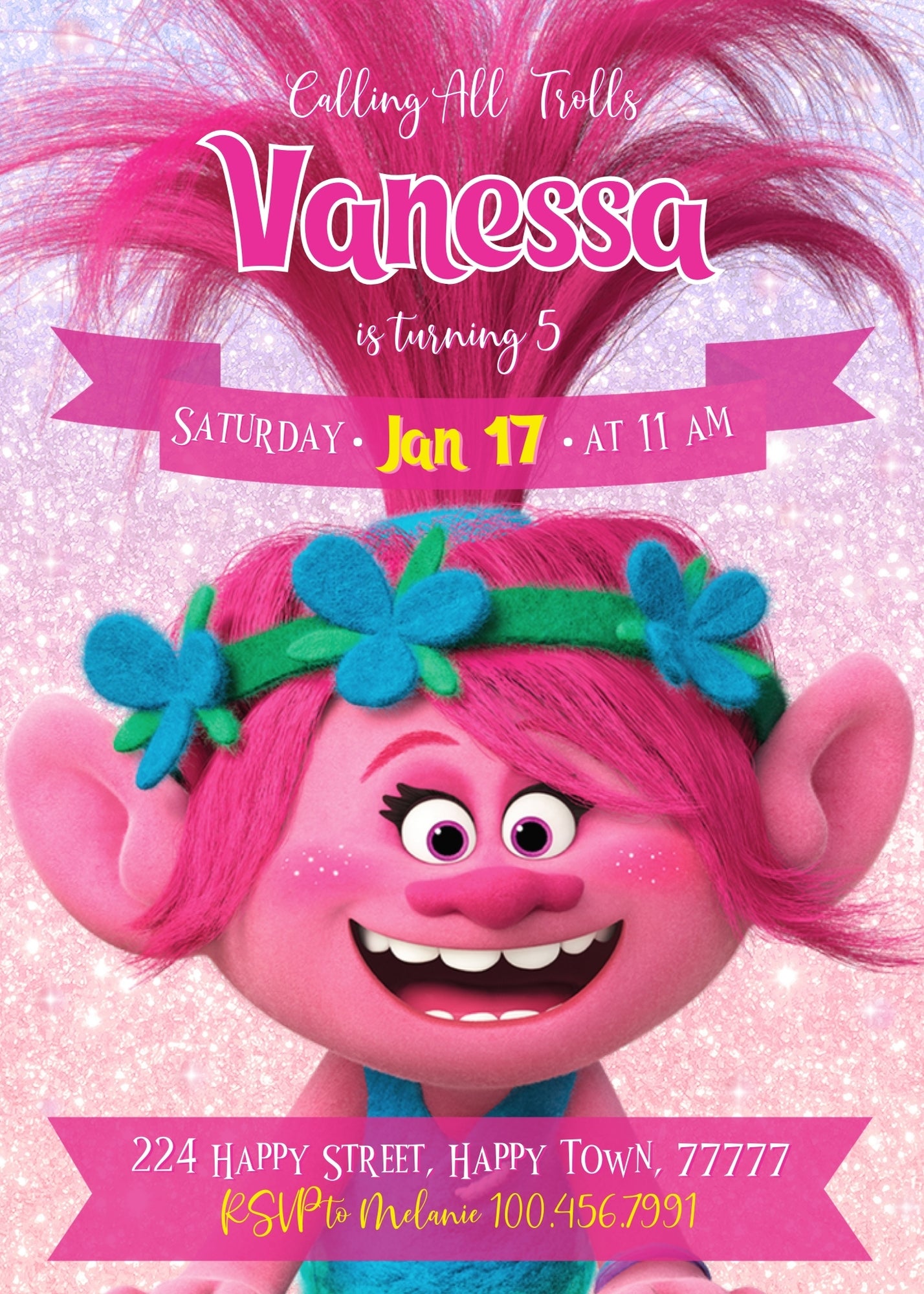 Trolls Poppy customizable invitation template | Share or Print | NE504