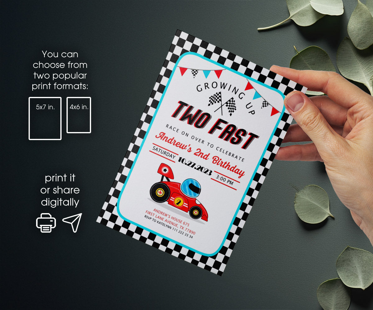 Race Car 2nd Bday Watercolor customizable invitation template | Share or Print | boy | EC907