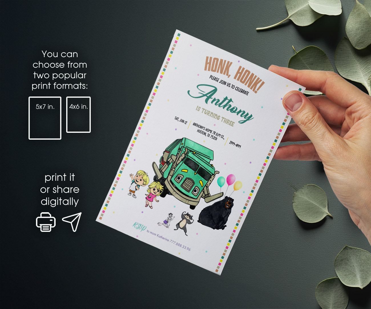 Trash Green Truck customizable invitation template | Share or Print | XK759