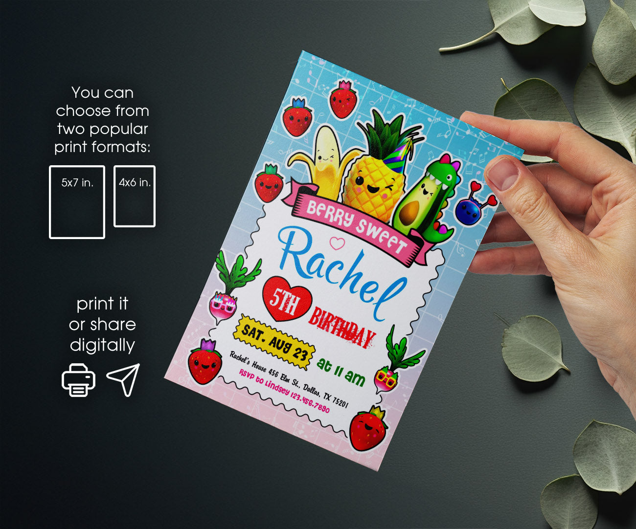 Hey Bear Sensory Dancing Fruits customizable invitation template | Share or Print | TL347