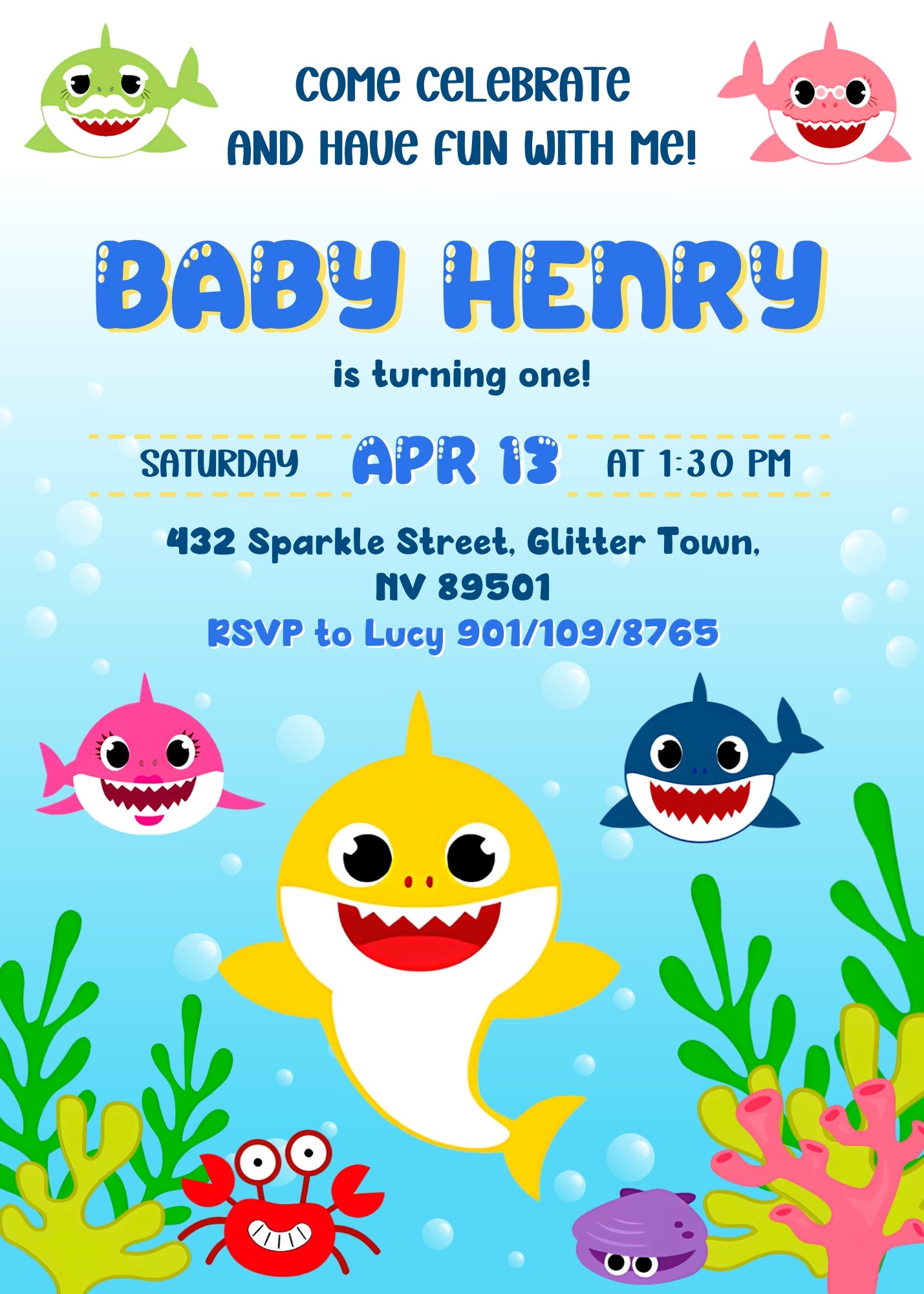 Baby Shark customizable invitation template | Share or Print | WG043