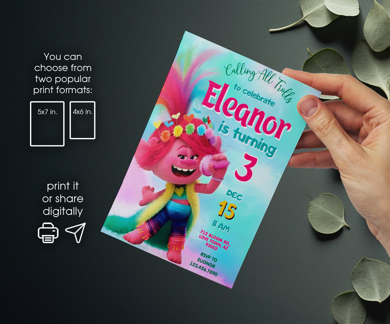 Trolls Poppy customizable invitation template | Share or Print | DY788