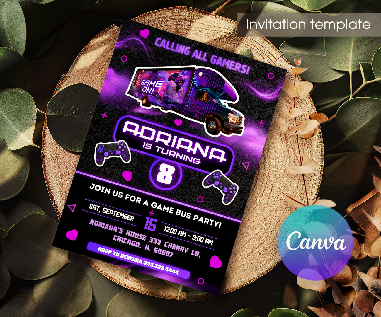 Video Game Bus Gamer customizable invitation template | Share or Print | boy | FD827