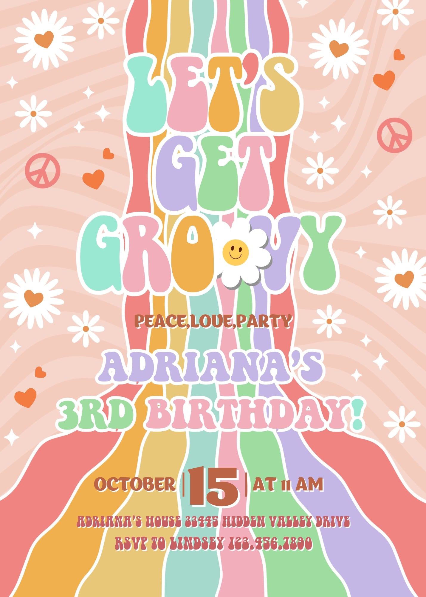 Groovy Daisy Hippie customizable invitation template | Share or Print | DK037