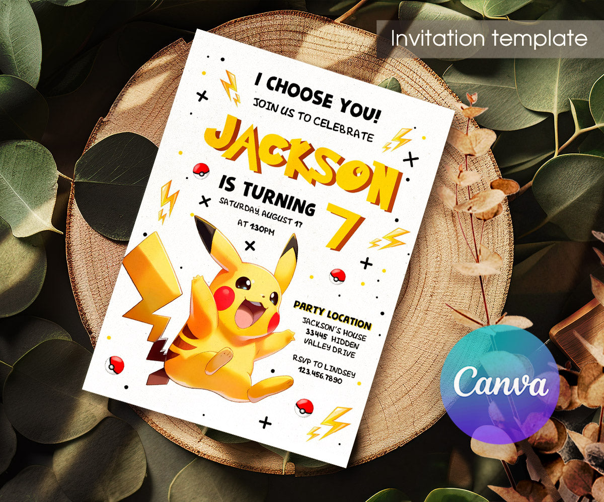 Pokemon Pikachu customizable invitation template | Share or Print | EB772