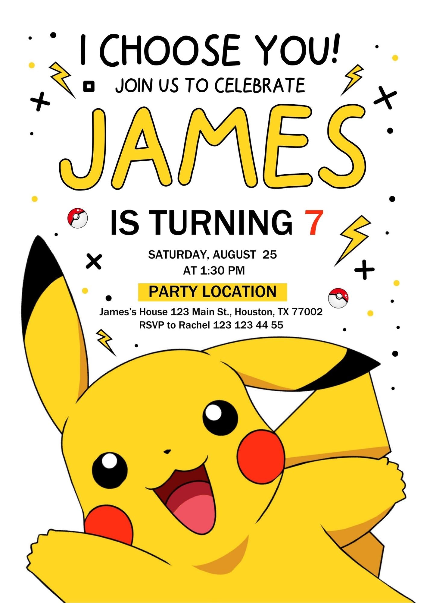 Pokemon Pikachu customizable invitation template | Share or Print | XA177