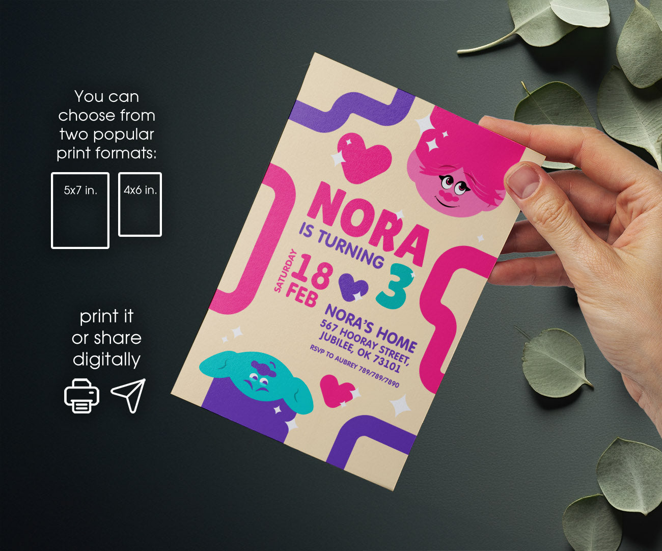 Trolls Poppy customizable invitation template | Share or Print | LH071