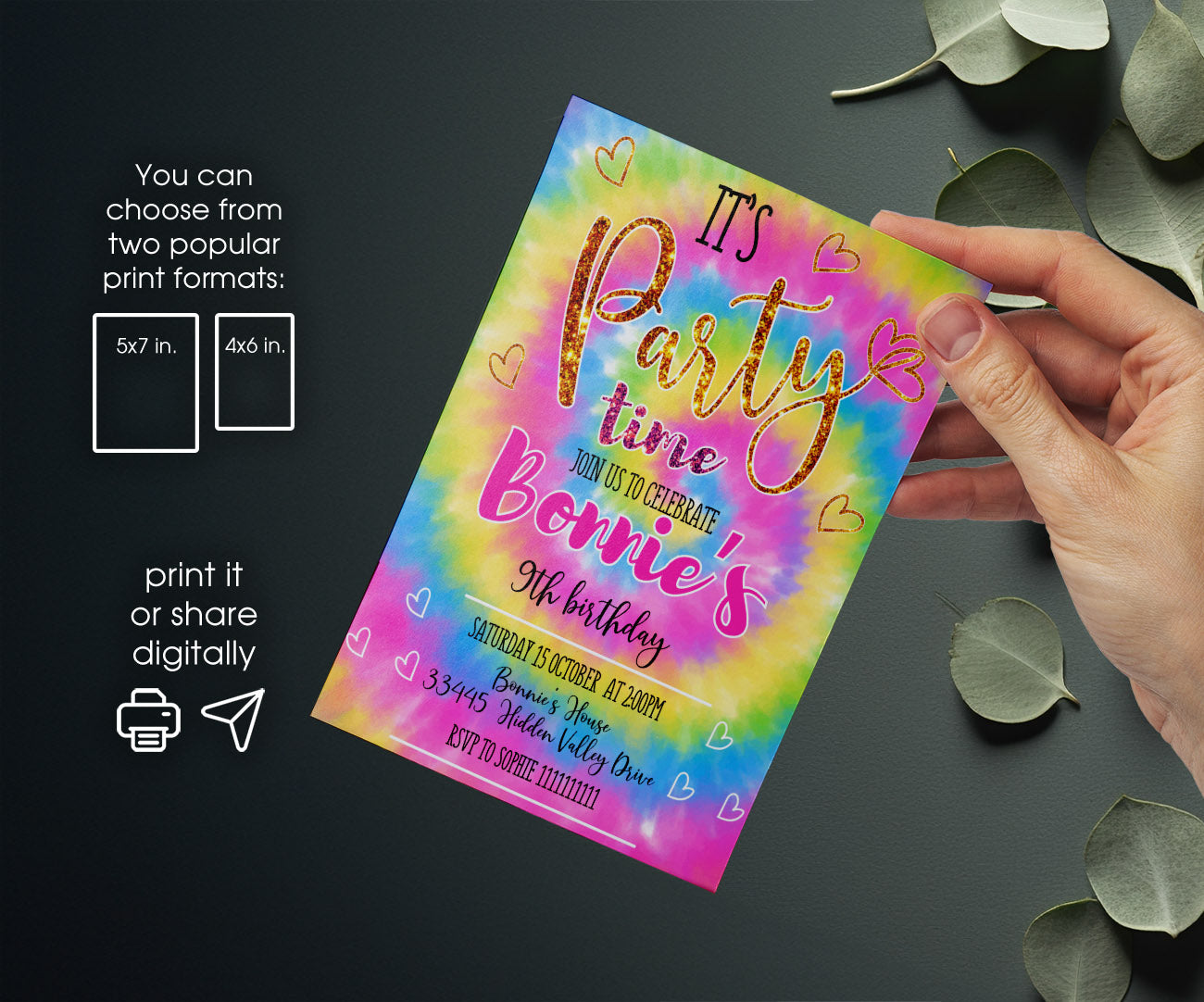 Play, Tie Die Rainbow Party customizable invitation template | Share or Print | XI783
