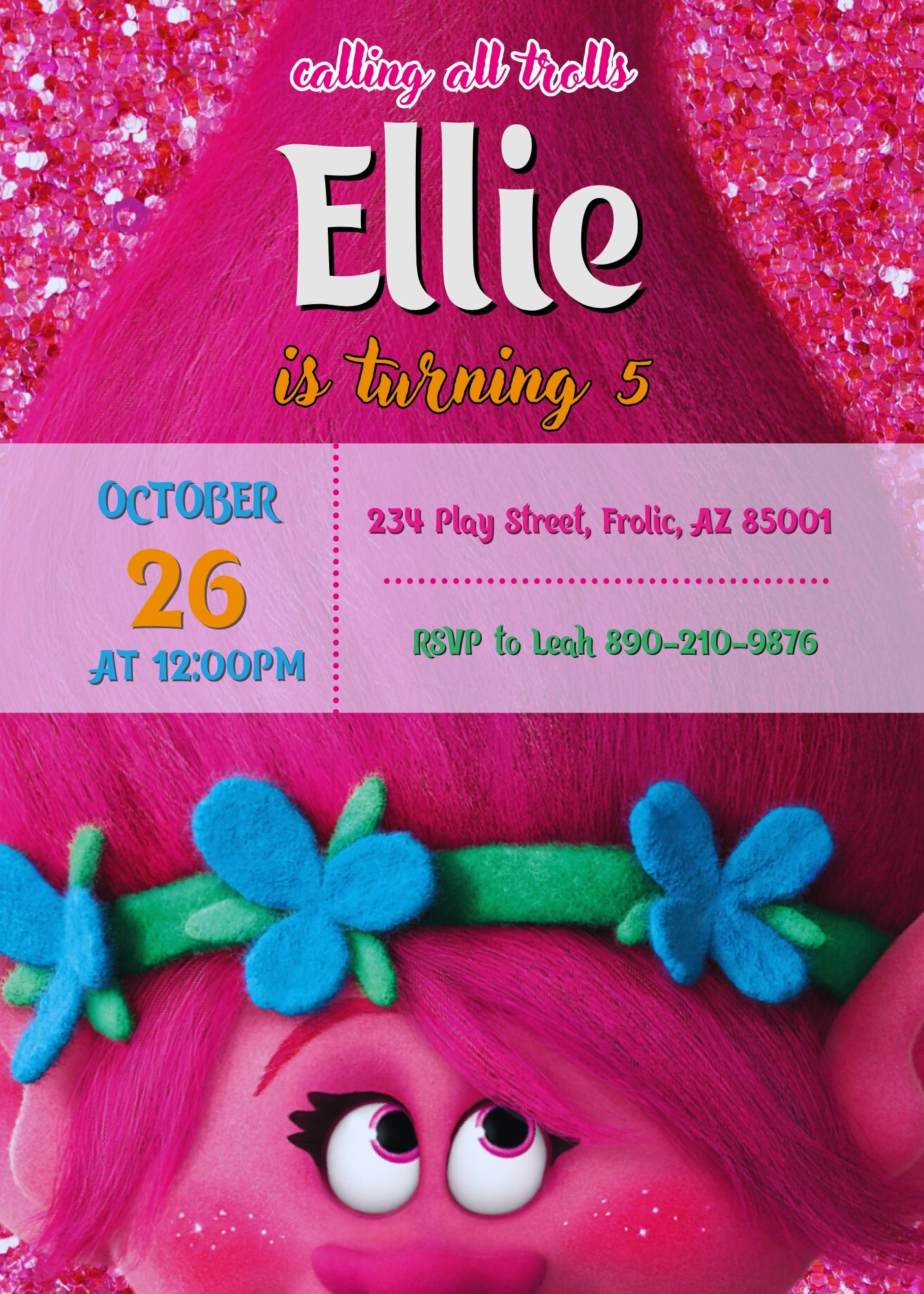 Trolls Poppy customizable invitation template | Share or Print | QR304