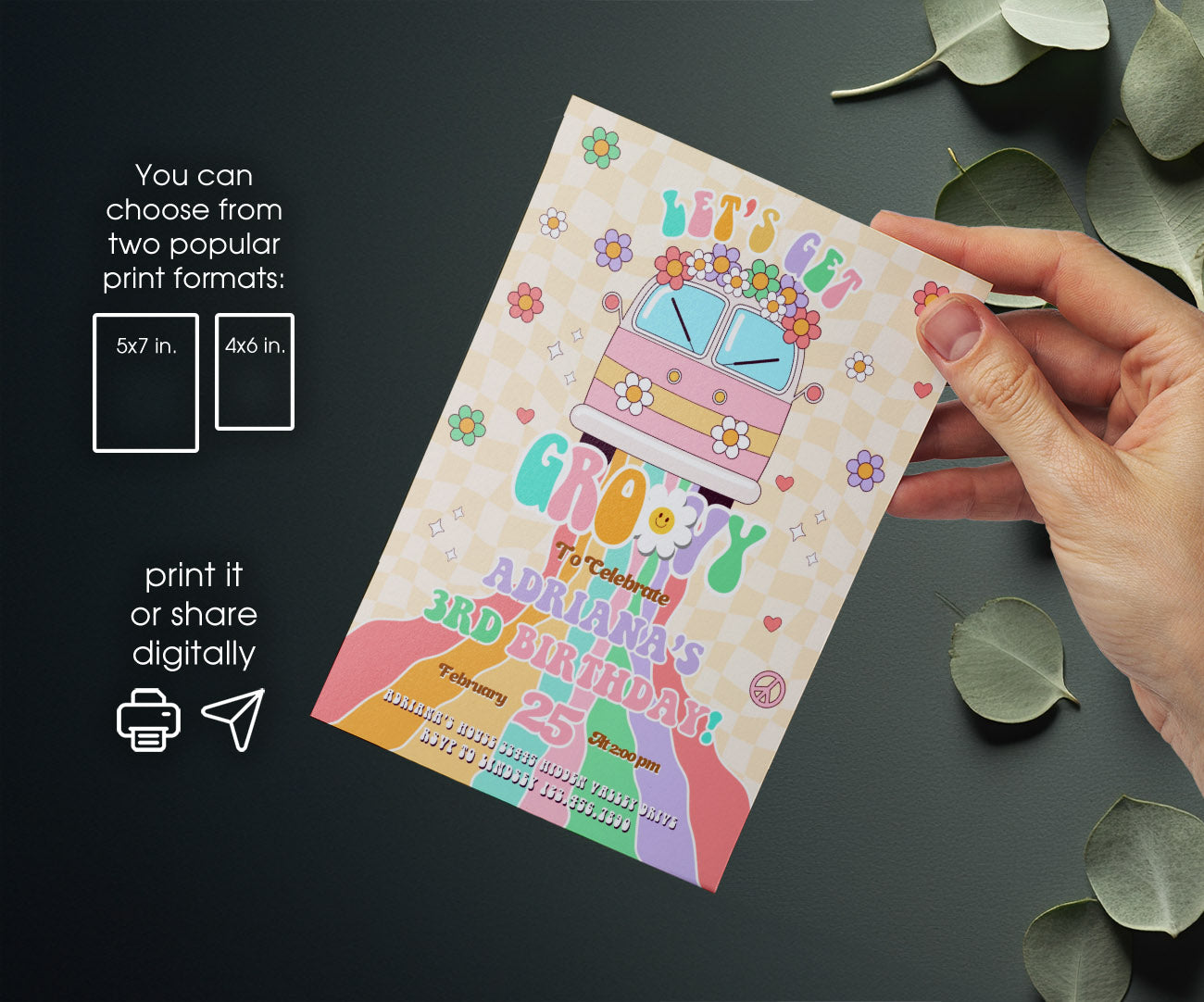 Groovy Retro Van customizable invitation template | Share or Print | IR929