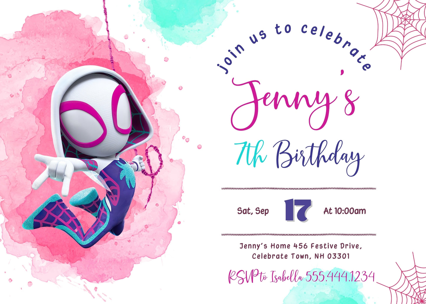 Spider Gwen Ghost Spidey customizable invitation template | Share or Print | girl | NQ146